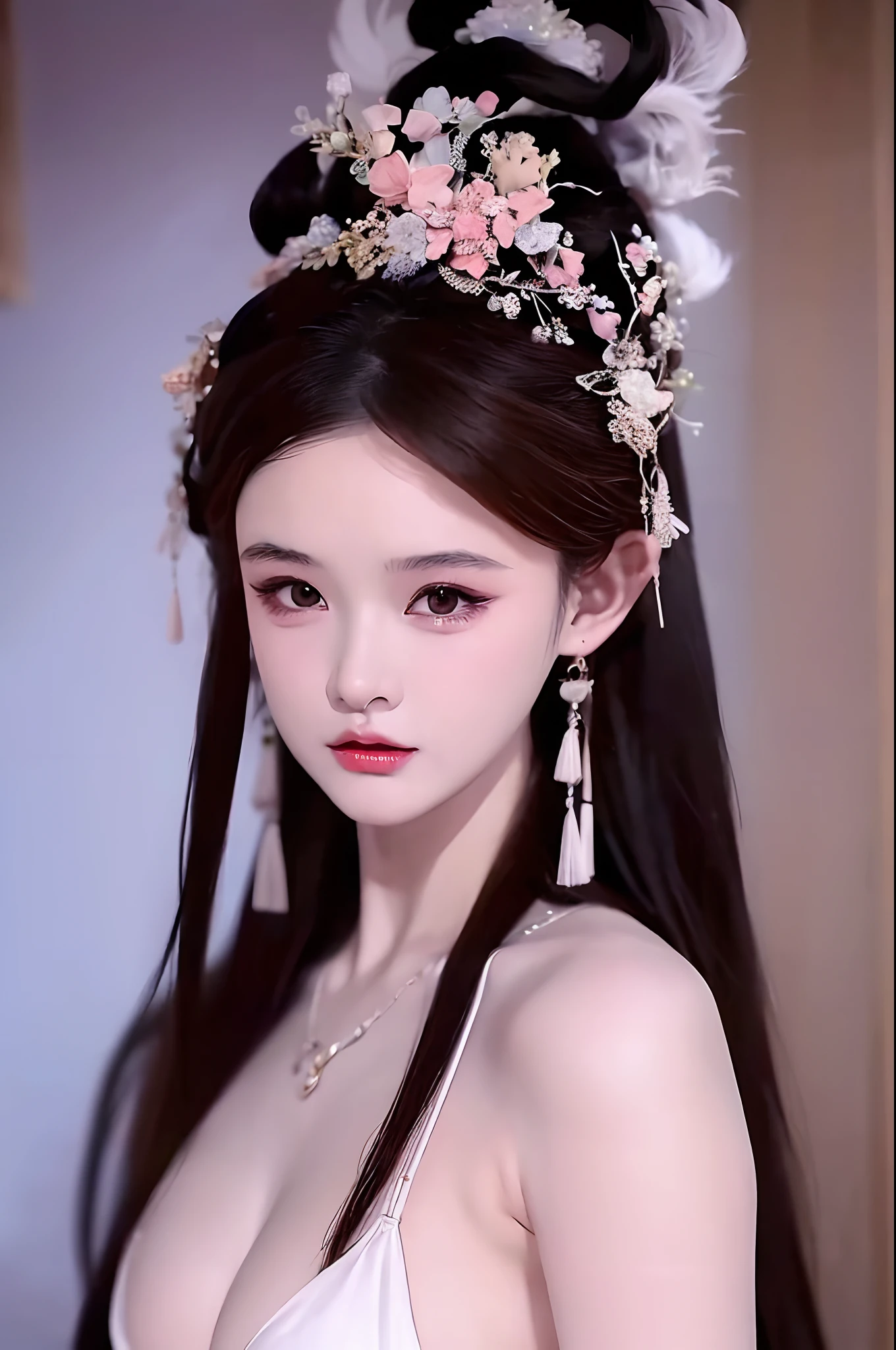 1 beautiful girl, long black hair, black eyes, Ancient Chinese style bun, wearing a thin silk shirt of ancient China, appears shoulders and head in the photo, plump red lips, pout, mouth shut, embarrassed, small face makeup detailed and very beautifull, breast augmentation, ((big blum boobs:1.2)), cover part of a girl's breasts with silk cloth, blush, from front, wear earrings, necklaces, from above, looking at viewer, upturned eyes, masterpiece, top quality, best quality, official art, unity 8k wallpaper, highres, ultra-high res, ultra-detailed, (photorealistic:1.2), alone, solo, Only 1 girl, style hanfu Dunhuang,