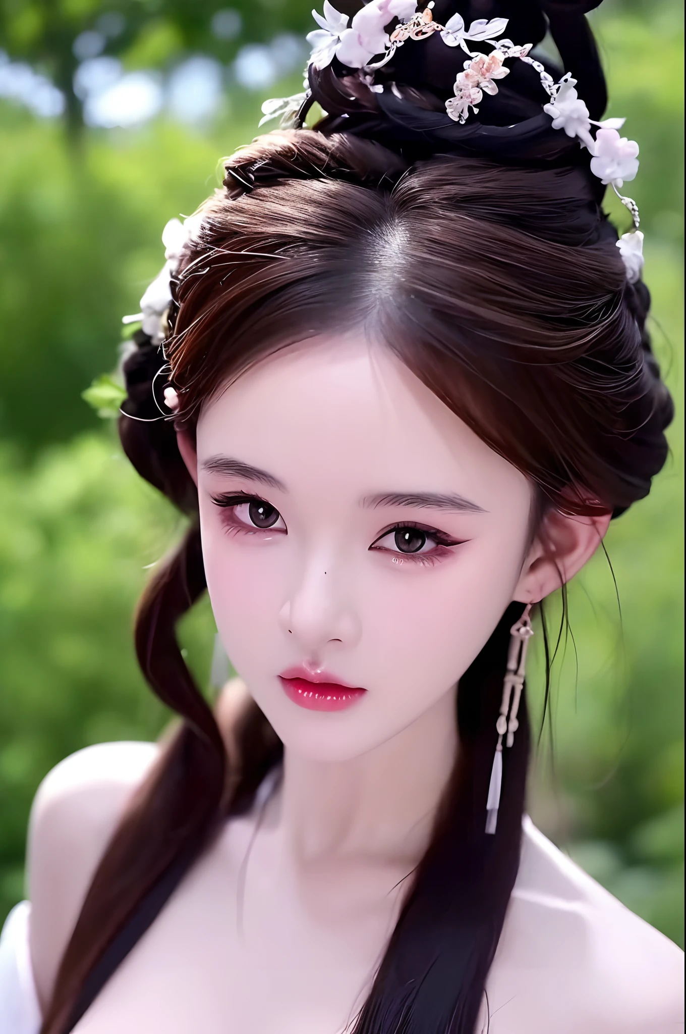 1 beautiful girl, long black hair, black eyes, Ancient Chinese style bun, wearing a thin silk shirt of ancient China, appears shoulders and head in the photo, plump red lips, pout, mouth shut, embarrassed, small face makeup detailed and very beautifull, breast augmentation, ((big blum boobs:1.2)), cover part of a girl's breasts with silk cloth, blush, from front, wear earrings, necklaces, from above, looking at viewer, upturned eyes, masterpiece, top quality, best quality, official art, unity 8k wallpaper, highres, ultra-high res, ultra-detailed, (photorealistic:1.2), alone, solo, Only 1 girl, style hanfu Dunhuang,