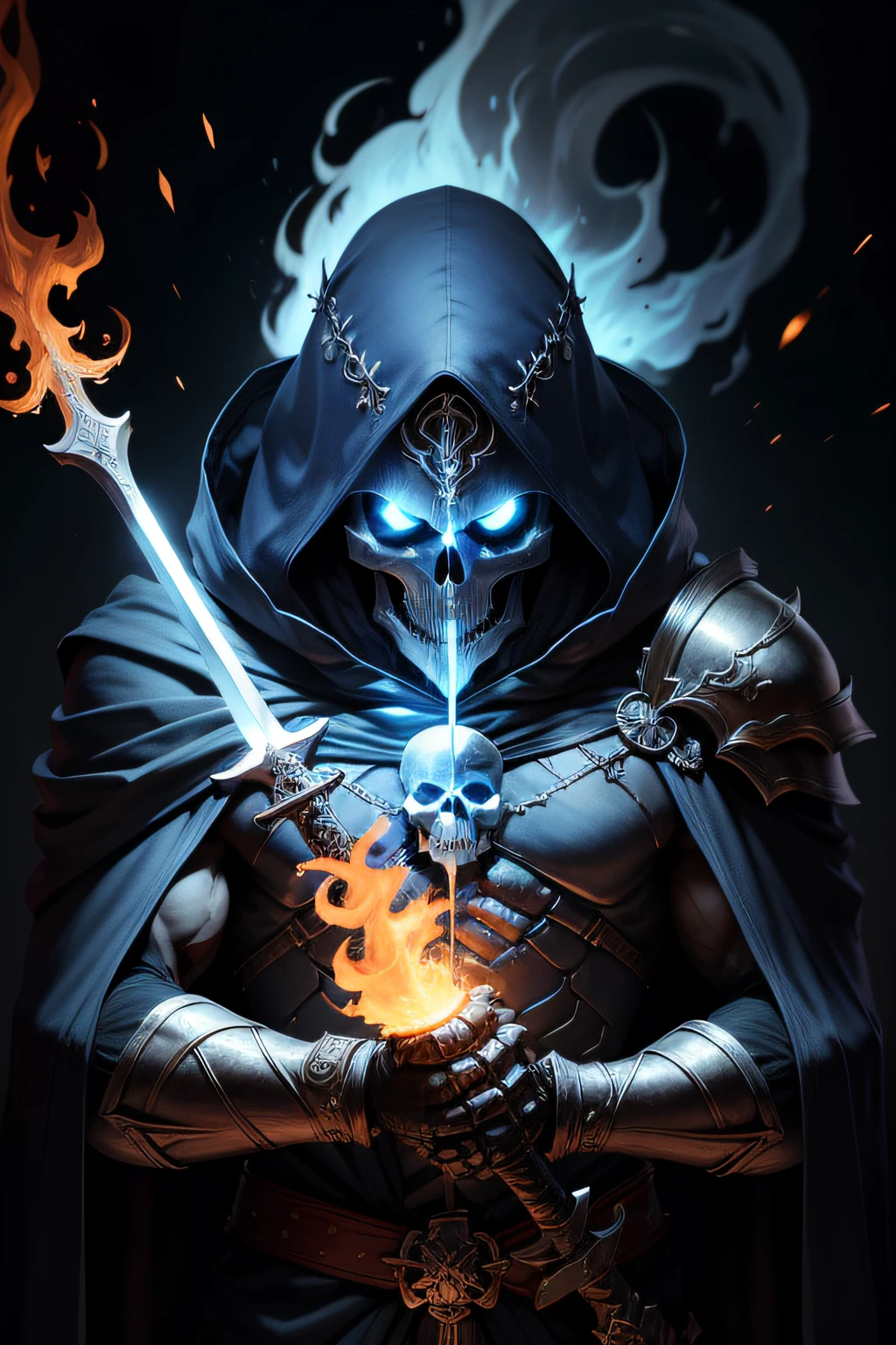 skeleton warrior,Blue cloak with flames,Hold a sword in hand,The skull has ghost fire in its eyes,Out of the flames,Ultra-clear details,offcial art,Extreme aesthetics,light and shadow perspective,Powerful muscles,Fierce eyes,unparalleled,Powerful special effects