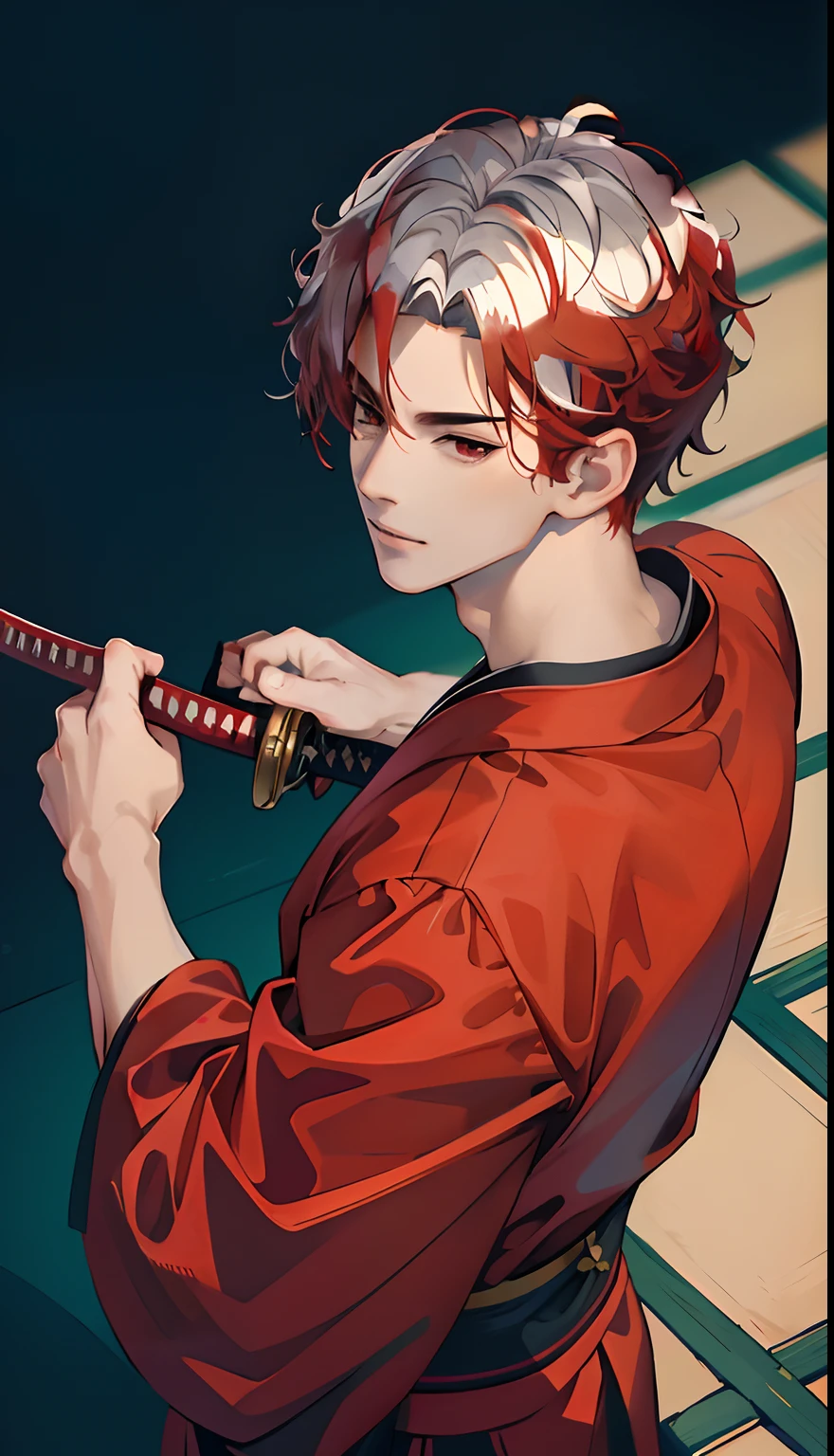 (absurd, high, extremely detailed),((masterpiece)), ((best quality:1.1)), High resolution, 8k,1 boy, (white hair interspersed with red, slightly wavy hair curly, super short hair, layered hair :1.1 ), shaded face, (male kimono: 1.1), , (top view: 1.1), (red inner eye), (katana in hand), swordsman pose, anime style, japanese house