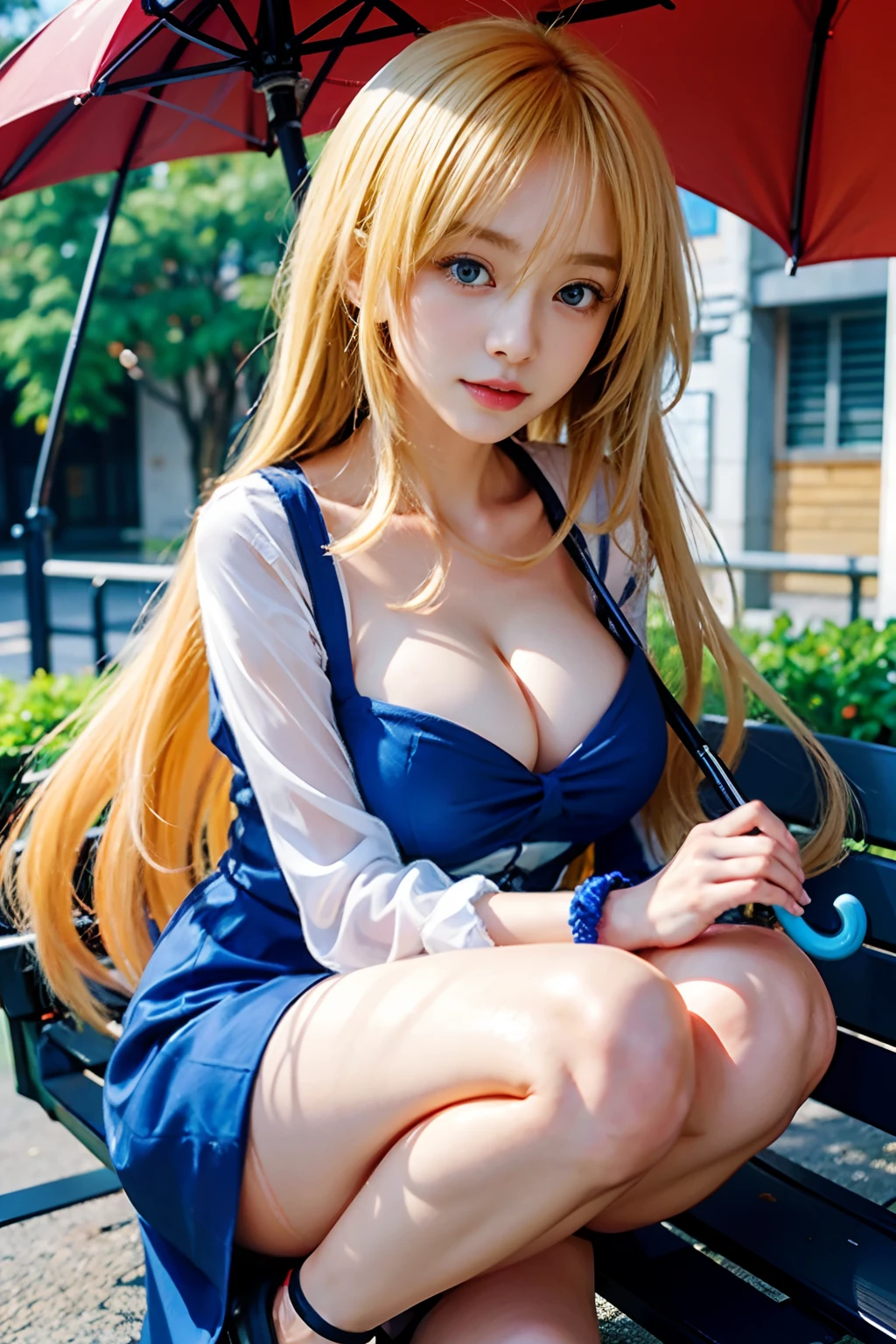 Anime girl with blue eyes sitting on bench holding umbrella, seductive anime girls, Blonde anime girl with long hair, anime best girl, Beautiful anime girl, attractive anime girls, pretty anime girl, Smooth anime CG art, Beautiful anime woman, after rain and no girls, Anime goddess, ecchi anime style, beautiful and seductive anime woman, **** in dress