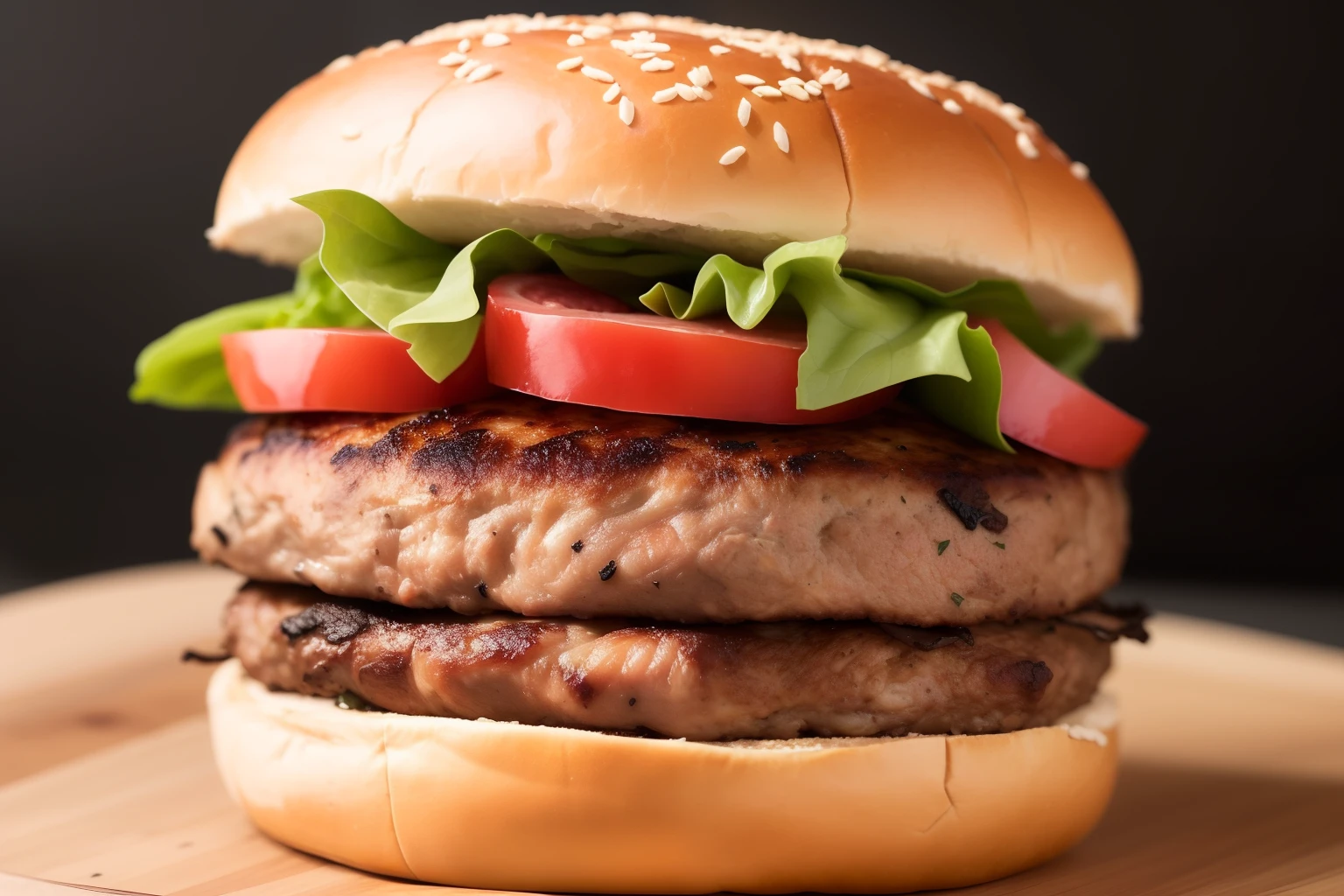 "A mouthwatering turkey burger masterpiece, meticulously crafted with rich ingredients, set against a striking black background. The high-quality 8k resolution brings every detail to life, with a beautiful depth of field and a clear focus on the burger itself."