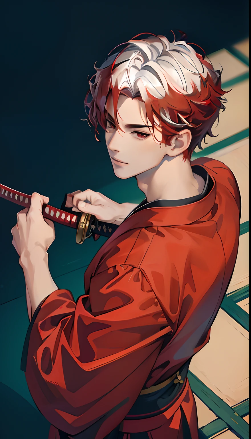 (absurd, high, extremely detailed),((masterpiece)), ((best quality:1.1)), High resolution, 8k,1 boy, (white hair interspersed with red, slightly wavy hair curly, super short hair, layered hair :1.1 ), shaded face, (male kimono: 1.1), , (top view: 1.1), (red inner eye), (katana in hand), swordsman pose, anime style, japanese house