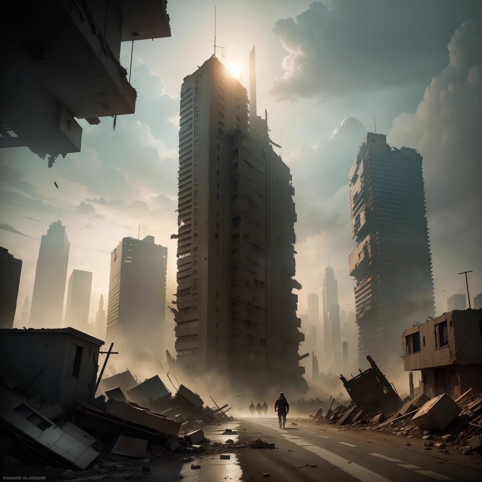 there is a picture of a city with a lot of rubble, realistic apocalyptic war scene, warzone background, post apocalyptic district, concept art like ernest khalimov, urban concept art, post - apocalyptic city streets, dystopian slums, post apocalyptic street, dusty environment, digital concept art of dystopian, apocalyptic city backround, post - apocalyptic city, destroyed city