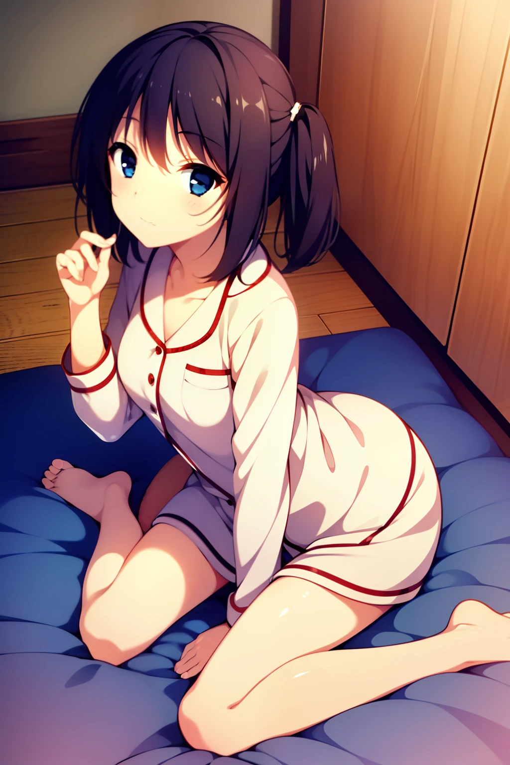 1girl, wariza, wariza sitting, solo, sitting on bed, w sitting, from above, pajama, hand between legs