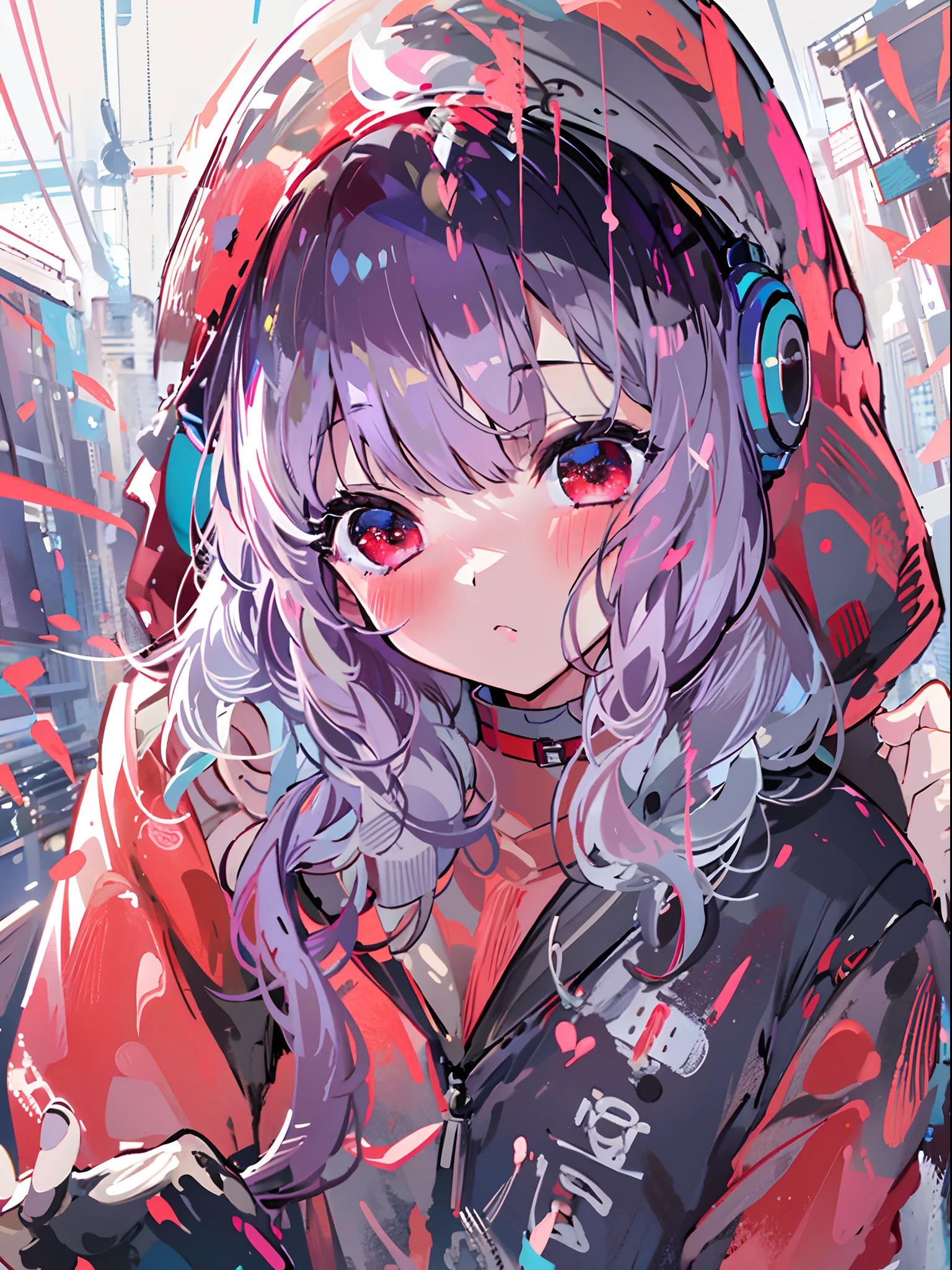 8K分辨率、((top-quality))、((​masterpiece))、((ultra-detailliert))、1 woman、独奏、incredibly absurdness、Oversized hoodies、headphones、Street、plein air、Rain at night、neons、Shortcut Hair、Brightly colored eyes、Hands in pockets、shortpants、water dripping、red hairs、Bob Hair