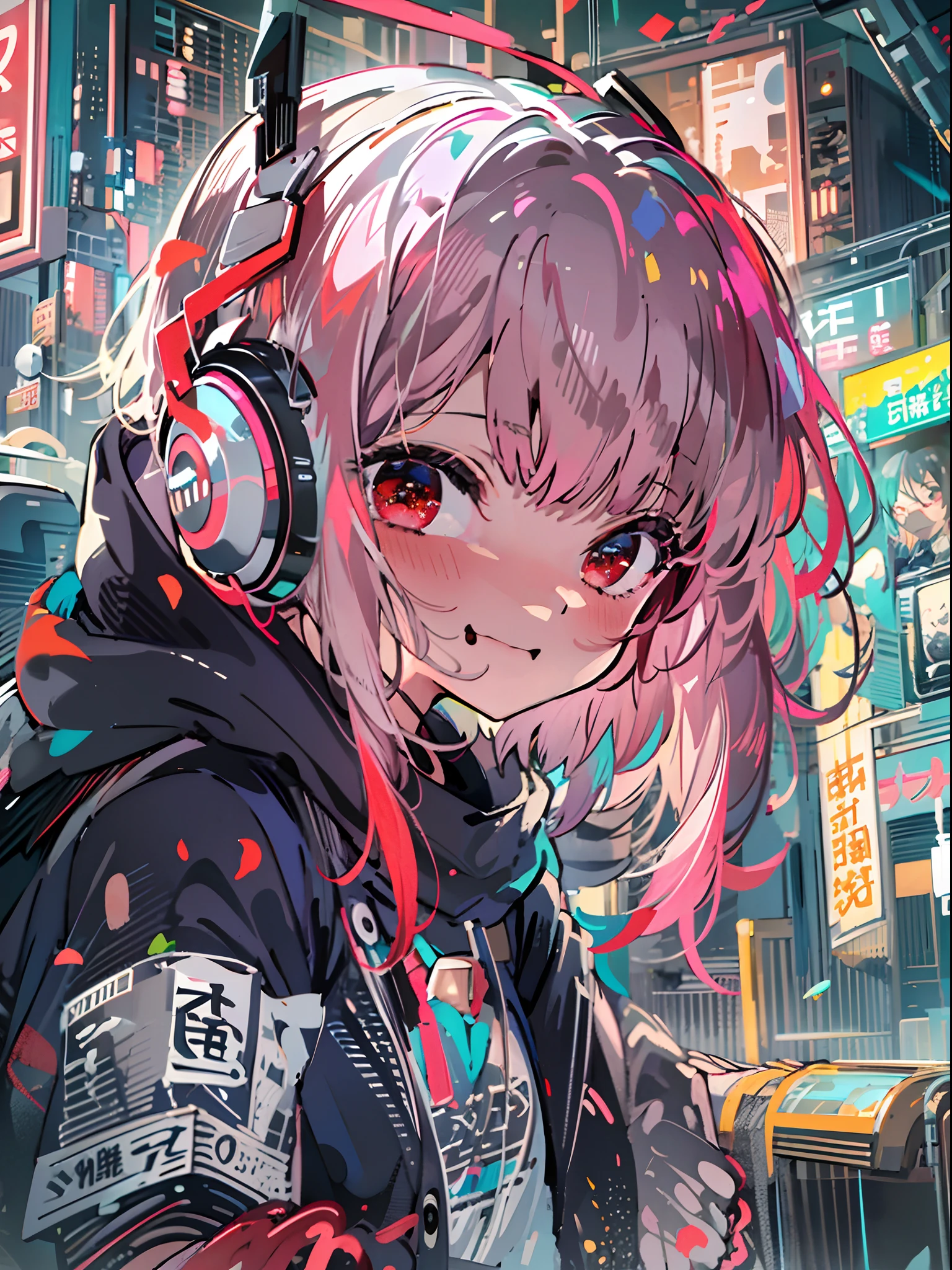 8K分辨率、((top-quality))、((masterpiece))、((ultra-detailliert))、1 woman、独奏、incredibly absurdness、Oversized hoodies、headphones、Street、plein air、Rain at night、neons、Shortcut Hair、Brightly colored eyes、Hands in pockets、shortpants、water dripping、red hairs、Bob Hair