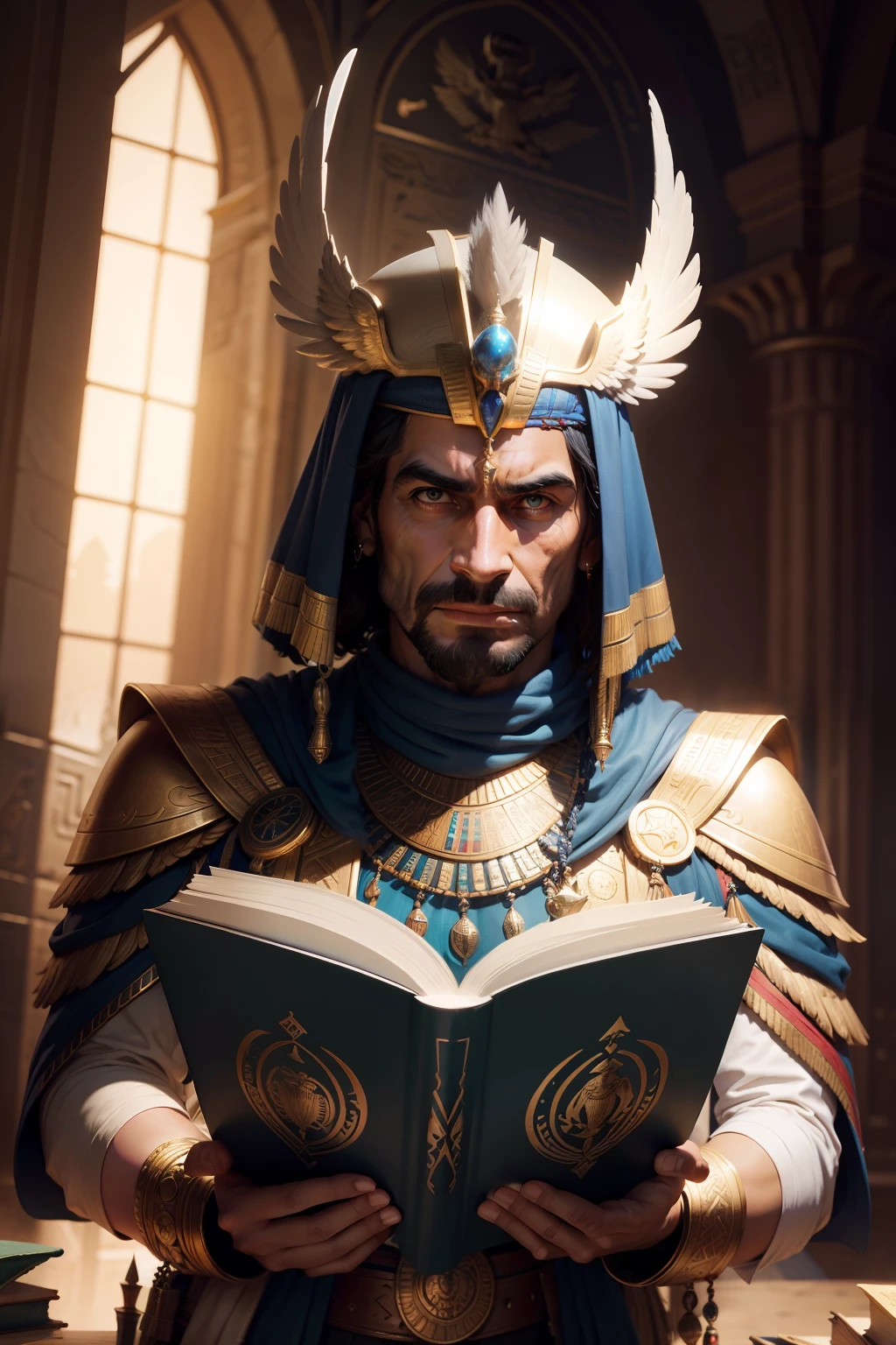 eagle head god of a futuristic egypt holding a magic book, 8k, fantasy, realistic