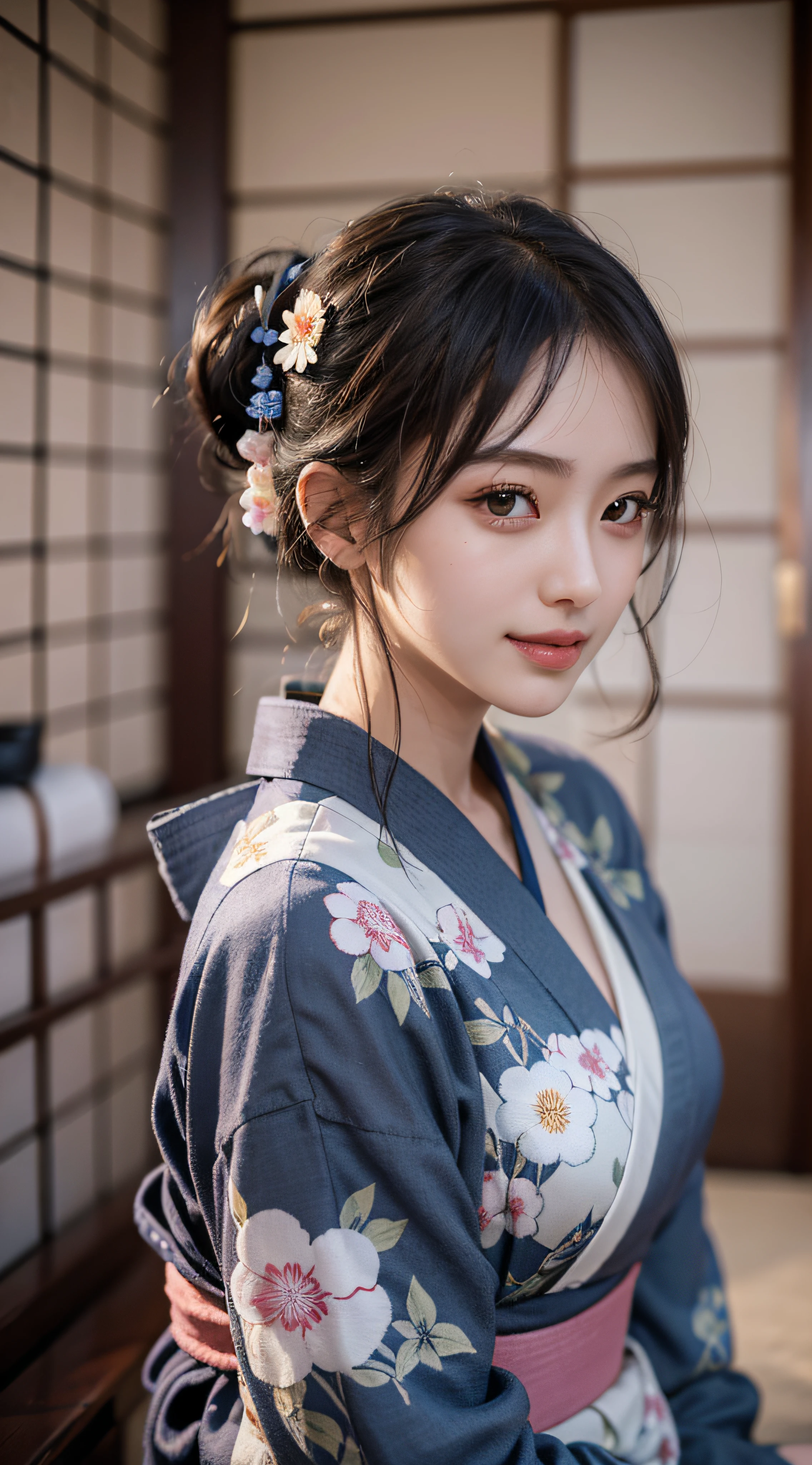 (Photorealsitic:1.4), (Top image quality:1.0), (超A high resolution:1.0), 8K, Raw photography, (masterpiece:0.2), (pureerosface_v1:0.5)、(Best Quality Detail:1.2)、realisitic、8K UHD、hight resolution、(1girl in:1.2)、The ultra-detailliert、High quality textures、intricate detailes、detaileds、Very detailed CG、High quality shadows、Detail Beautiful delicate face、Detail Beautiful delicate eyes、depth of fields、Ray traching,1girl in, japanaese girl, Cute, slender, Black kimono, Kimono with Japanese pattern,Floral scrunchie, Beautiful skin, Facing the front,Sit down, Sit upright and say thank you,Align your hands elegantly,Smile faintly The Land of Japan,Japanese garden,Luxury Japanese-style room, skyporn, Magic Hour, (Realistic:1.3), Finely detailed, quality, (masutepiece:1.2), (Photorealistic:1.2), (Best Quality), (Intricate details), Dramatic, Ray tracing, photograph, +Lola