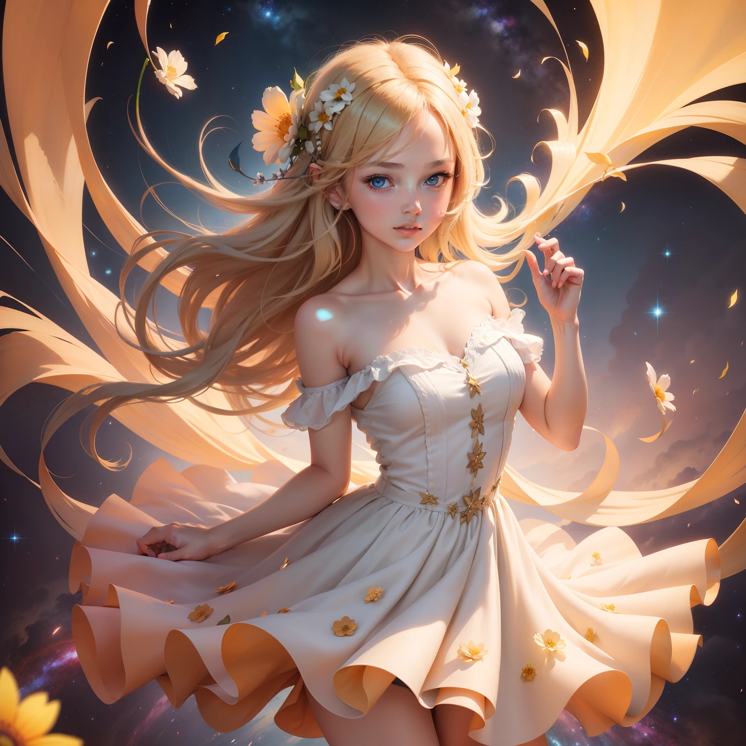 (best quality, masterpiece), 1girl, pose, particle, wind, flower, upper body, simple background, looking at viewer, blonde, galaxy,