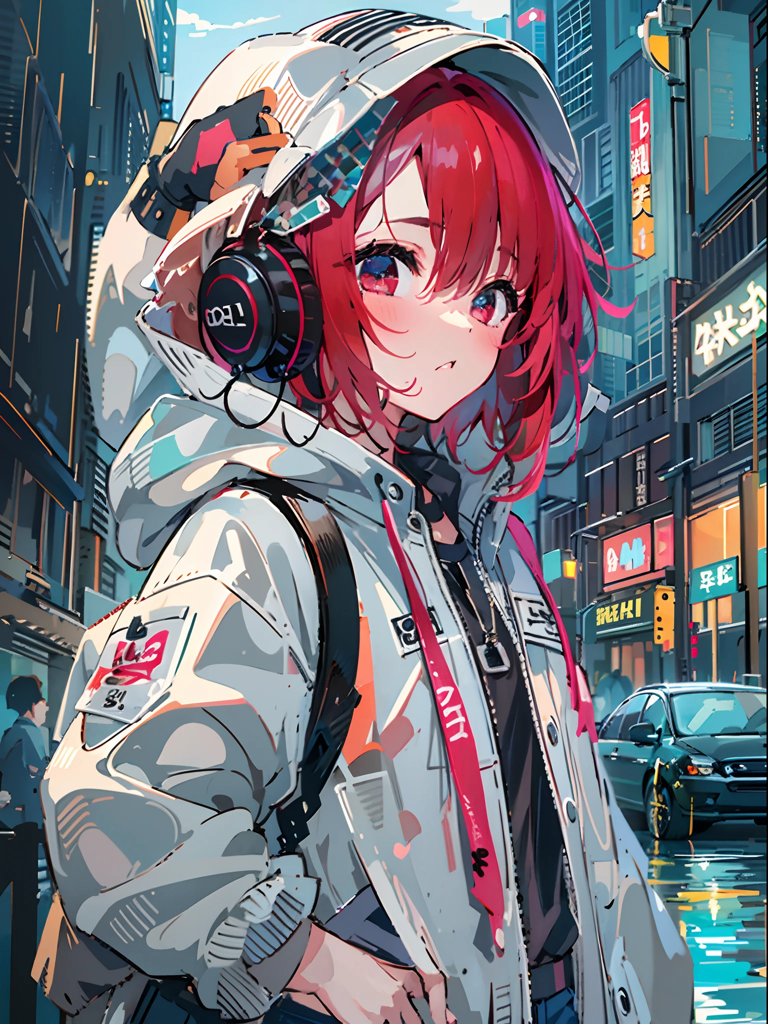 8K分辨率、((top-quality))、((masterpiece))、((ultra-detailliert))、1 woman、独奏、incredibly absurdness、Oversized hoodies、headphones、Street、plein air、Rain at night、neons、Shortcut Hair、Brightly colored eyes、Hands in pockets、shortpants、water dripping、red hairs、Bob Hair