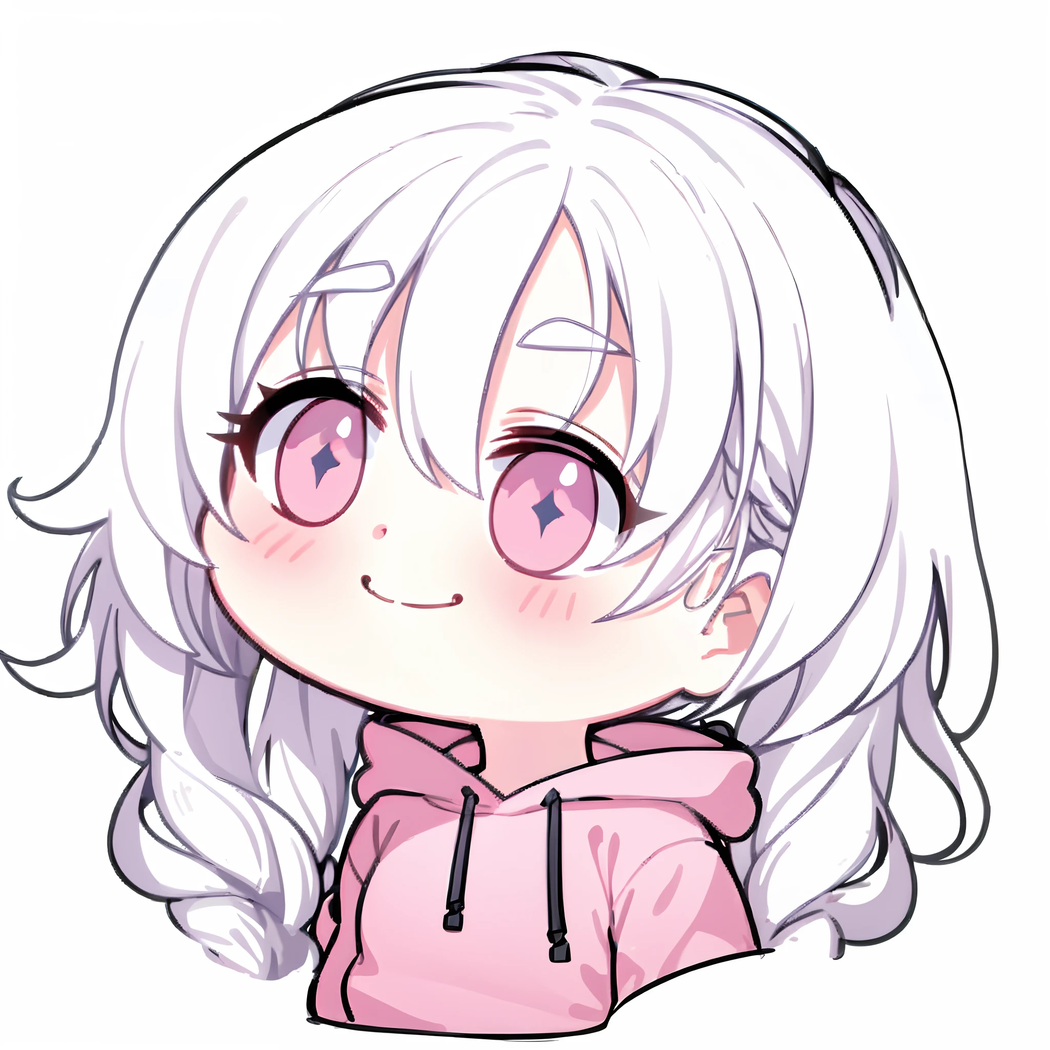 1girl, white hair, medium hair, pigtails, wavy hair, pink eyes, black hoodie, closed smile, thick outline, twtich emote, blue background, chibi,