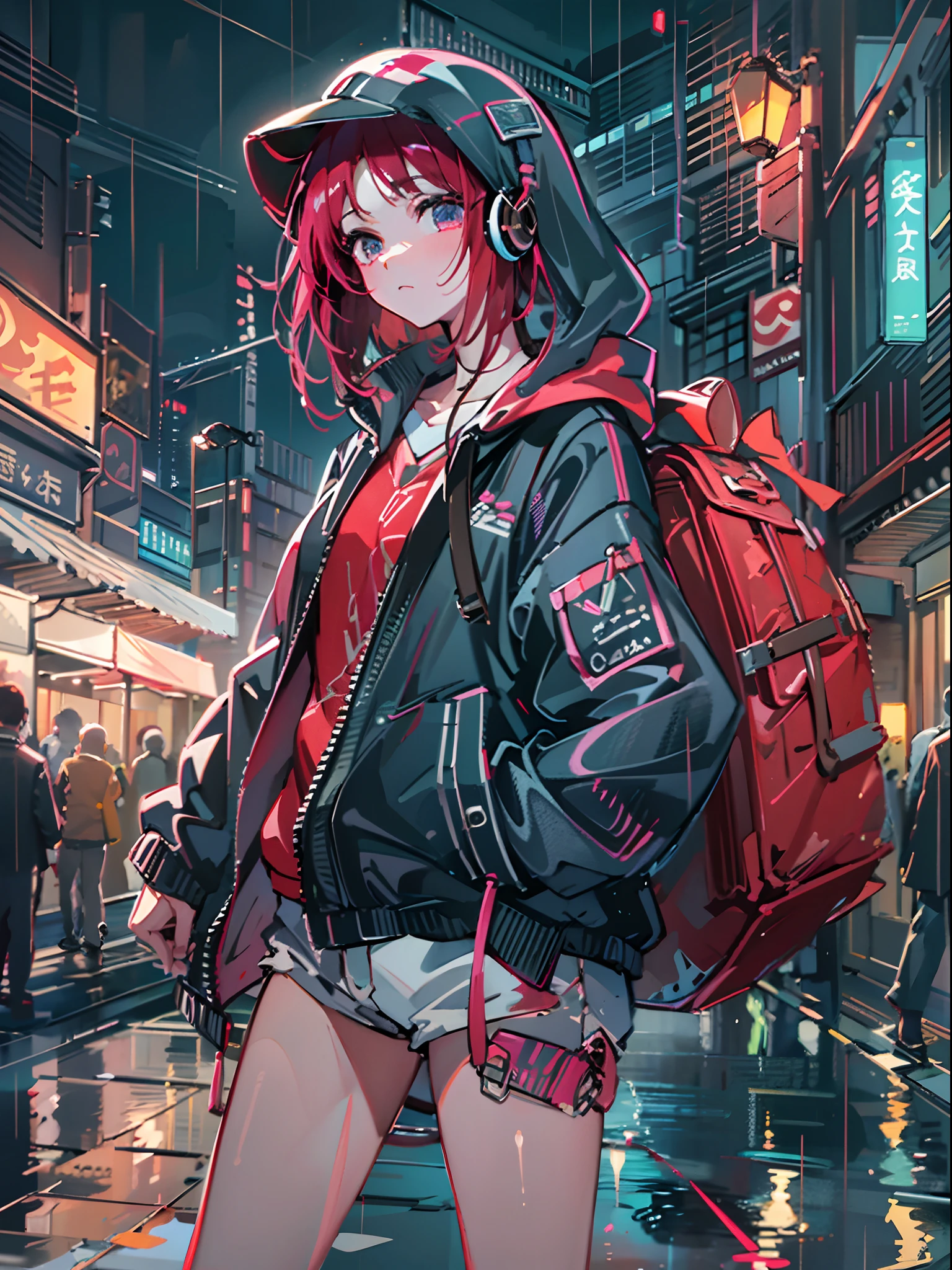 8K分辨率、((top-quality))、((​masterpiece))、((ultra-detailliert))、1 woman、独奏、incredibly absurdness、Oversized hoodies、headphones、Street、plein air、Rain at night、neons、Shortcut Hair、Brightly colored eyes、Hands in pockets、shortpants、water dripping、red hairs、Bob Hair