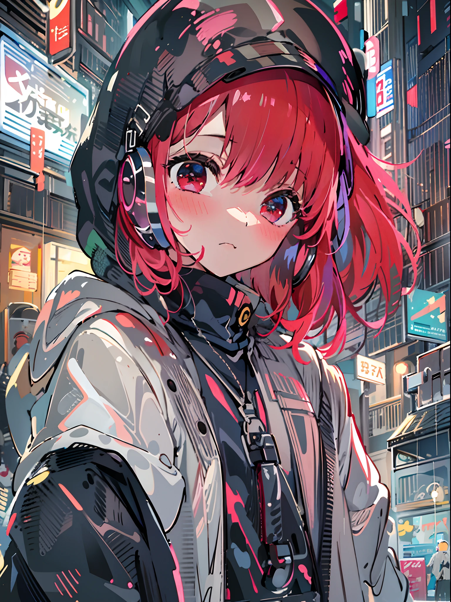 8K分辨率、((top-quality))、((​masterpiece))、((ultra-detailliert))、1 woman、独奏、incredibly absurdness、Oversized hoodies、headphones、Street、plein air、Rain at night、neons、Shortcut Hair、Brightly colored eyes、Hands in pockets、shortpants、water dripping、red hairs、Bob Hair