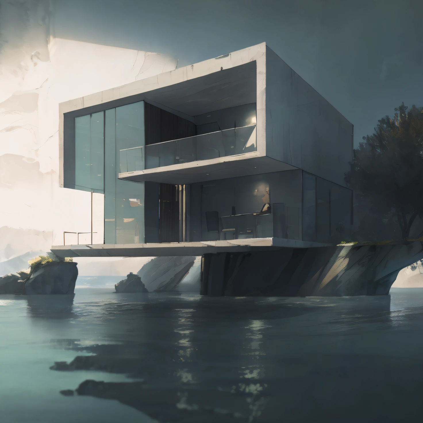 Arafed house on a cliff overlooking a body of water, arquitetura realista, stunning render, high-quality render, breathtaking render, Stunning 3D rendering, Stunning 3D rendering, architectural visualisation, architectural render, beautiful 3d render, professional render, lindo render 3d, No estilo de arte de Filip Hodas, render bonito, architectural 3 d render, architecture rendering