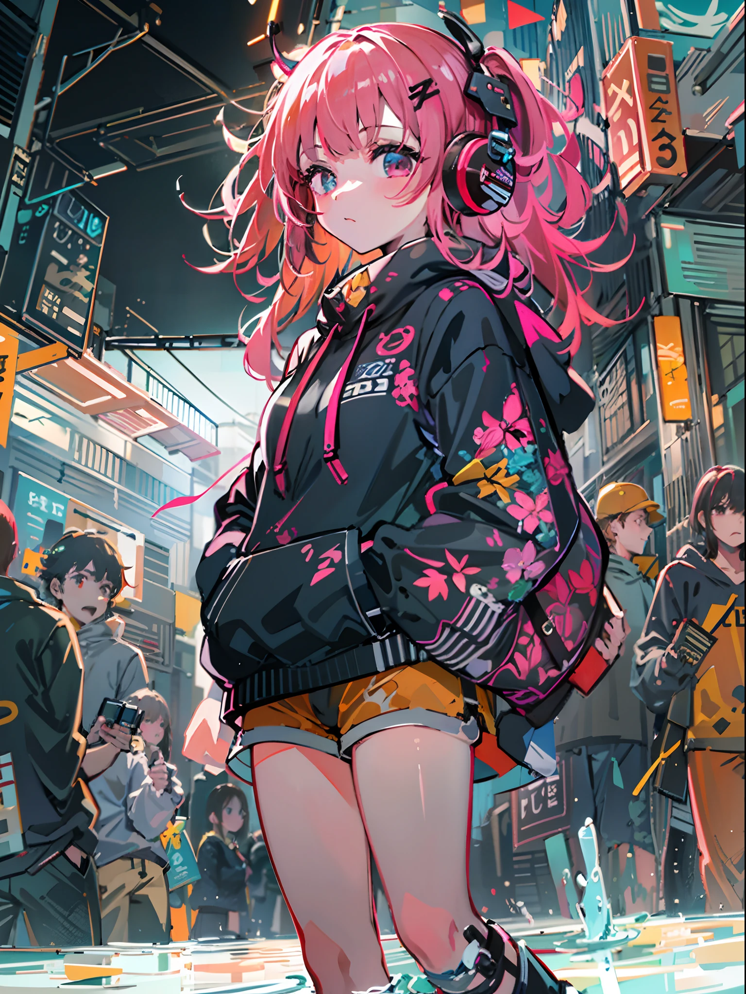8K分辨率、((top-quality))、((masterpiece))、((ultra-detailliert))、1 woman、独奏、incredibly absurdness、Oversized hoodies、headphones、Street、plein air、Rain at night、neons、Shortcut Hair、Brightly colored eyes、Hands in pockets、shortpants、water dripping、red hairs、Bob Hair
