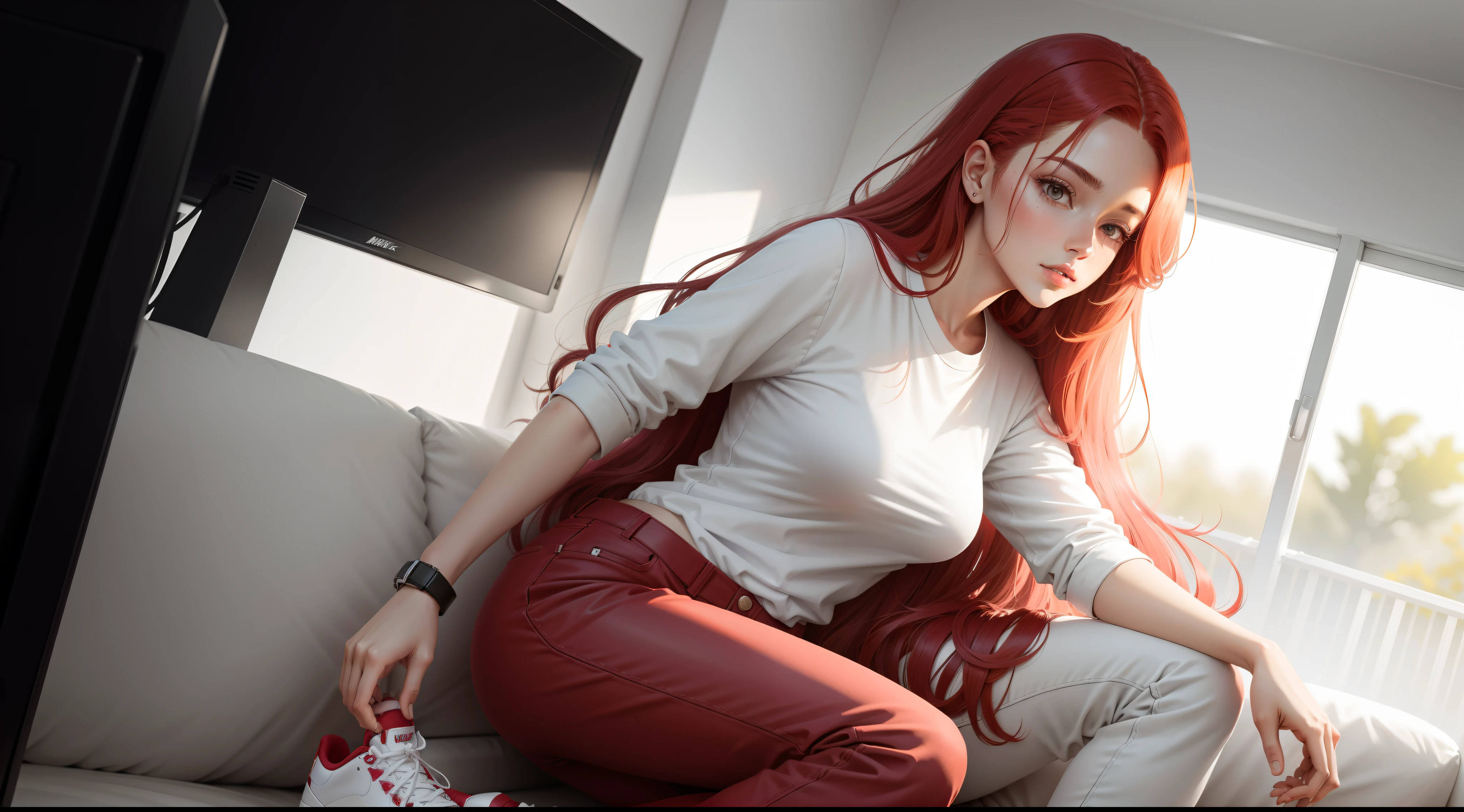 a woman in a white shirt and red pants is playing video game, simple style, wearing elegant casual clothes, muted red, simple clothes, milk and red style, casual clothing style, modern fashion outfit, wearing a fisher , casual modern clothing, inspo, red clothes, red pants, neutral tones, rred and white color scheme, casual business outfit, scary face, nike shoes, 22 years old, adult face, long hair, ((red hair))