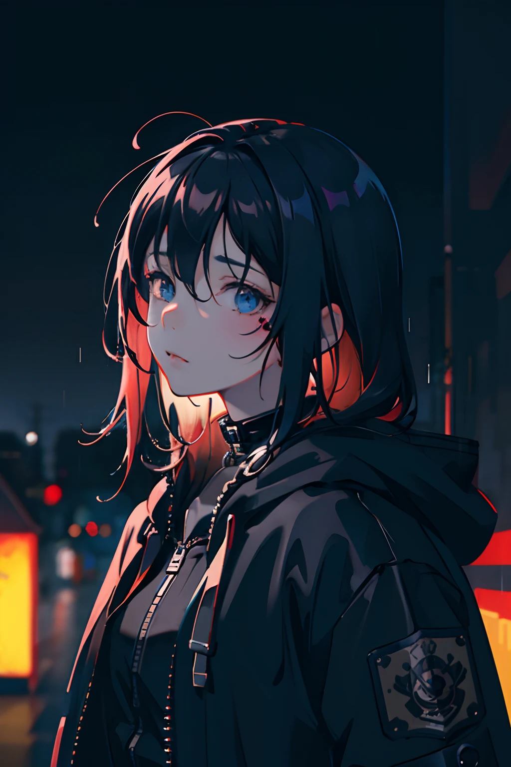 1girl, jacket, rain, outdoor, hoodie, open jacket, chain, backpack, looking at another, messy hair, trending on artstation, 8k resolution, highly detailed, anatomically correct, sharp image, digital painting, concept art, trending on pixiv, style of makoto shinkai,