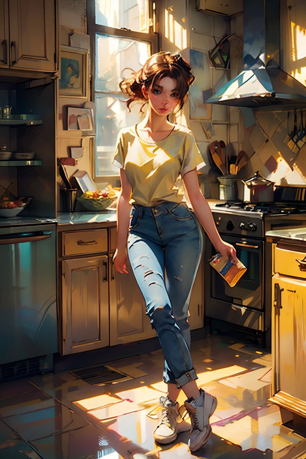 shui001,
(photorealistic:1.4), official art, unity 8k wallpaper, ultra detailed,exquisitely detailed skin,(cinematic angle)(film grain:1.2)cinematic lighting,beautiful and aesthetic, masterpiece, best quality, glowing skin, (Cool light:1.5),full body,(Moonlight)(in a kitchen) 1girl, yellow t-shirt, Washed flared jeans, white converse sneakers, dynatic pose, a wide range of shelves, a fridge full of drinks,shopping, 1990s \(style\),