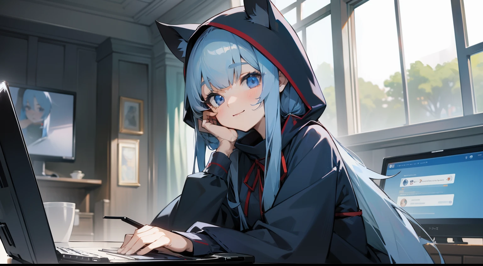 fashionable cafe、Anime girl using laptop((I use a laptop))、20yr old、Upper body, mid-shot,(front facing)、 femele, Detailed eyes, ((Beautiful woman on computer)),Hood Up、Light Grey Hood、Round ears of rats、Semi-long hair, Blue hair,(poneyTail)、 Bangs,Dark blue uniform、Red ribbons、pleatedskirt、Long sleeves,、frontage、 A slight smil、A smile