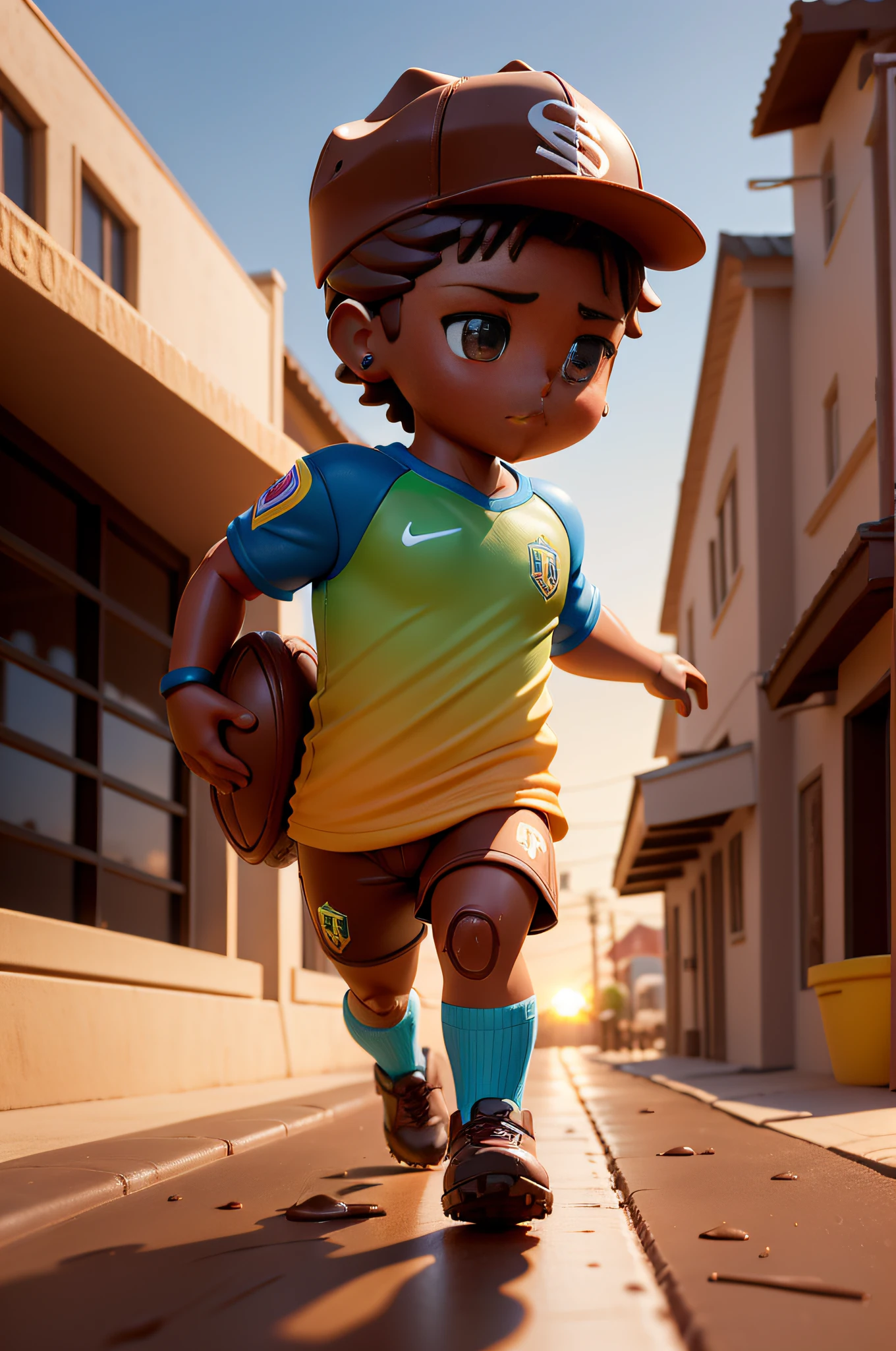 poster ..3d, Disney pixar desenho animado tipo b, Render image ..3d, (((child made of chocolate))), textura de chocolate, jogador de futebol feito de chocolate, correndo, wearing cap, bola de futebol de chocolate, uniforme de time de futebol brasil, cena com movimento chutando a bola de futebol, Campo de futebol de chocolate, sunset light, Twilight sunset, sombra suave, Chocolate ..3d, Rendering environment ..3d, (((Estilo como Nendoroid))), ..3d.