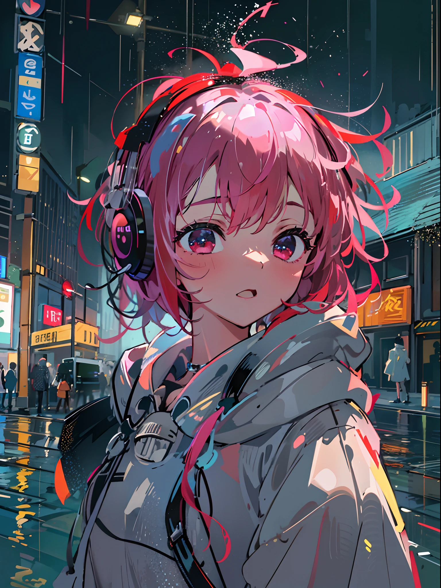 8K分辨率、((top-quality))、((masterpiece))、((ultra-detailliert))、1 woman、独奏、incredibly absurdness、Oversized hoodies、headphones、Street、plein air、Rain at night、neons、Shortcut Hair、Brightly colored eyes、Hands in pockets、shortpants、water dripping、red hairs、Bob Hair
