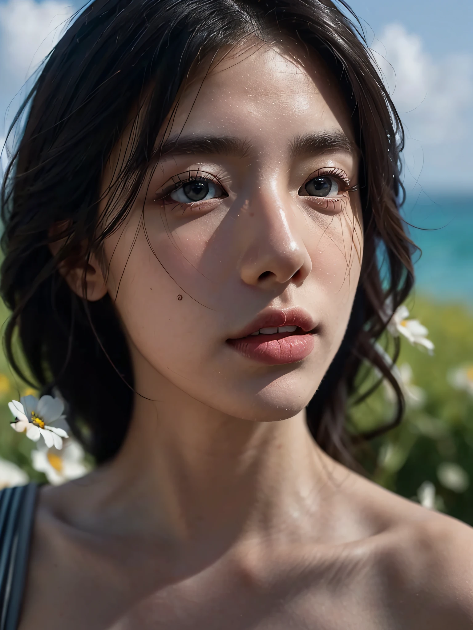 ((Pure Beauty:0.8+Ultra-realistic realism:1.2)，Caucasian flesh:1.2，Bright eyes:1.1)，Light contrast and hue:1.1，High Surface:1.1，Image quality:ultra hd:1.3，Upper part of the body，high nose bridge,dynamic angle，Clouds and sea，Field of flowers in the foreground，Light Tracking，lifelike，Informal art，Unity 8k壁纸，Ultra - Details，beautiful and beautiful，master-piece，beste-Qualit，gleaming skin，Cinmatic lighting。