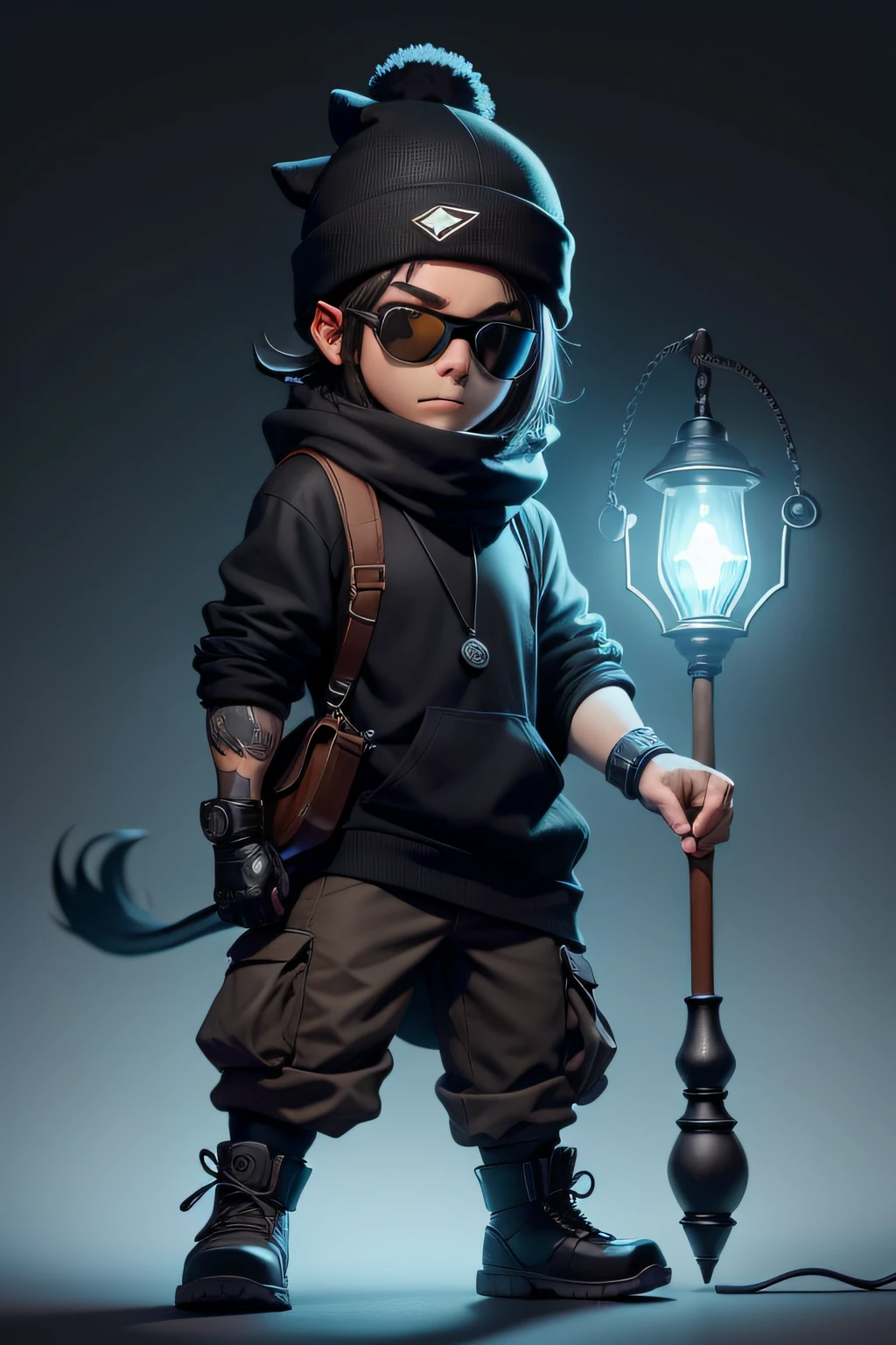 cartoon of a person with a black beanie and dark goggles holding on his back a staff with a lamp on the tip, 2 d sprite, avatar para o site, estilo varguyart, advanced digital chibi art, Vinny de Vinhinha, muito estilizado, programador, arte de desenvolvimento de jogos,