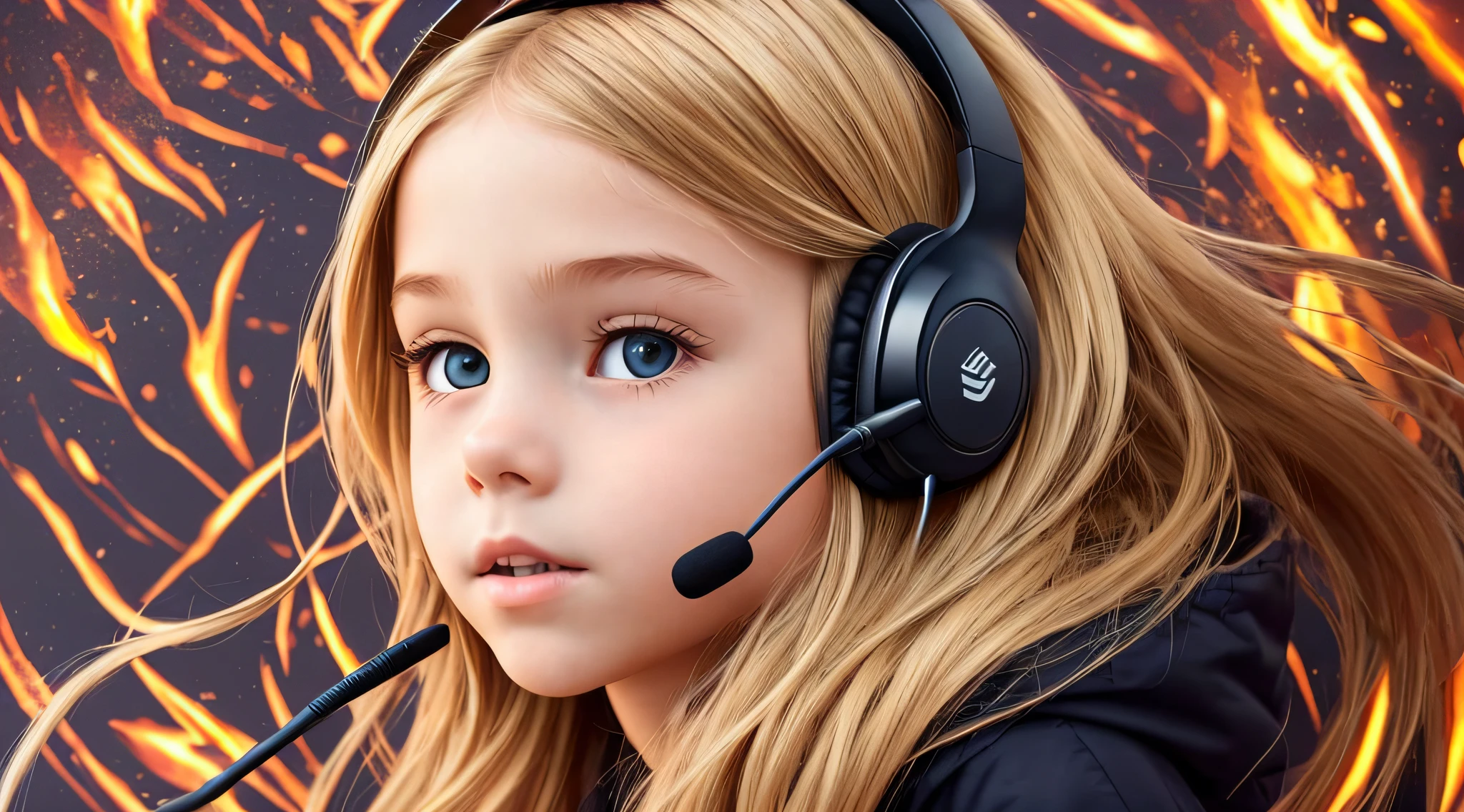 CHILD BLONDE LONG HAIR WEARING A HEADSET , fire, ice, cold, raio, lightnings, segurando uma disco ball
