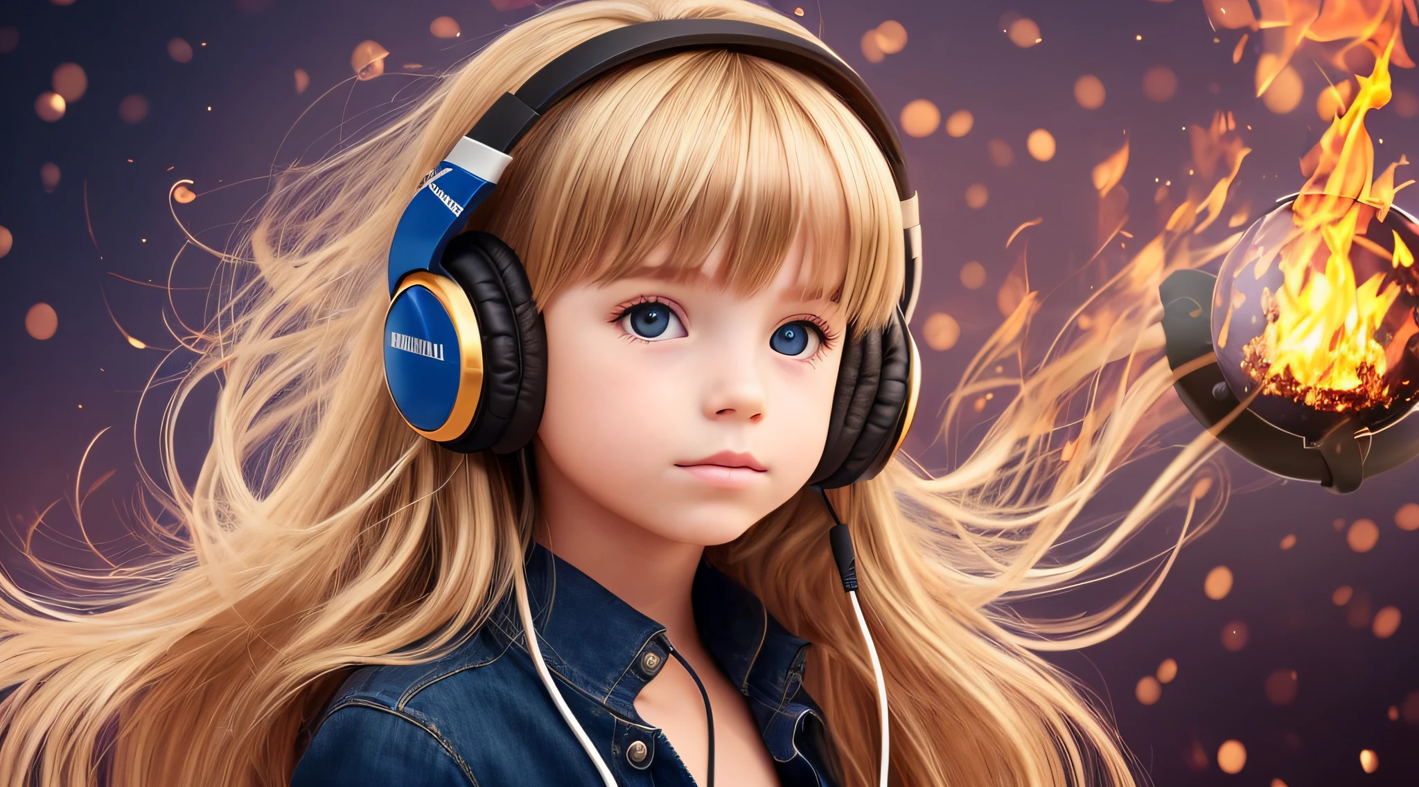 mENINA CHILD BLONDE LONG HAIR WEARING A HEADSET , fire, ice, cold, raio, lightnings, segurando uma disco ball