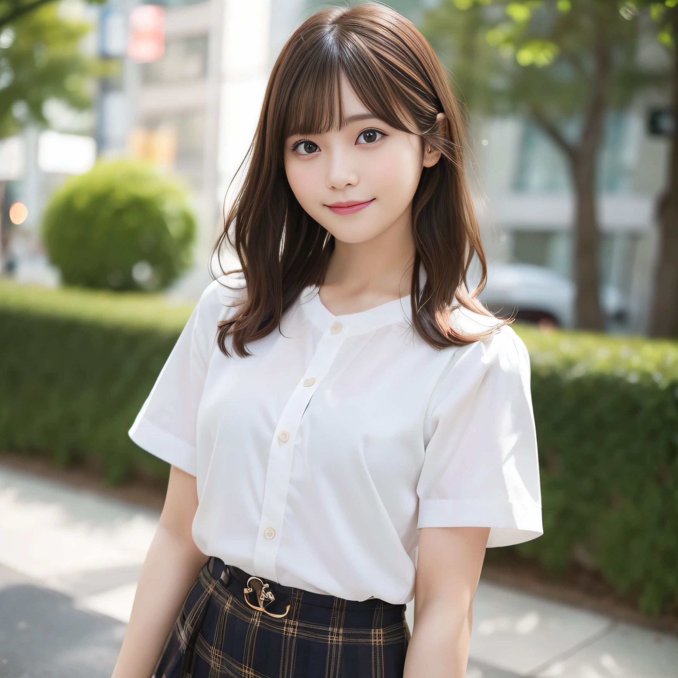 8K、Best Quality, 超A high resolution:1.2, (Photorealistic:1.4)、masterpiece:1.3、Raw photo、Gravure Pose:1.2、Put your hands on your hips、 (FULL BODYSHOT:1.7、side from:0.7)、middlebreast、realistic eyes and face details:1.3、dual、(the perfect body : 1.1)、(short wavy hair : 1.2)、crowdedstreets、Fashionable clothes、Cute clothes、Check skirt、thighs thighs thighs thighs、1日本人の女の子、 Cute、natural skin textures:1.2、 (Shy smile)、 Smooth skin:1.2, (Brown medium hair,Bangs)、nogizaka、Beautiful black eyes:1.3、The camera is from a little lower、 (Background is blurry:1.4)