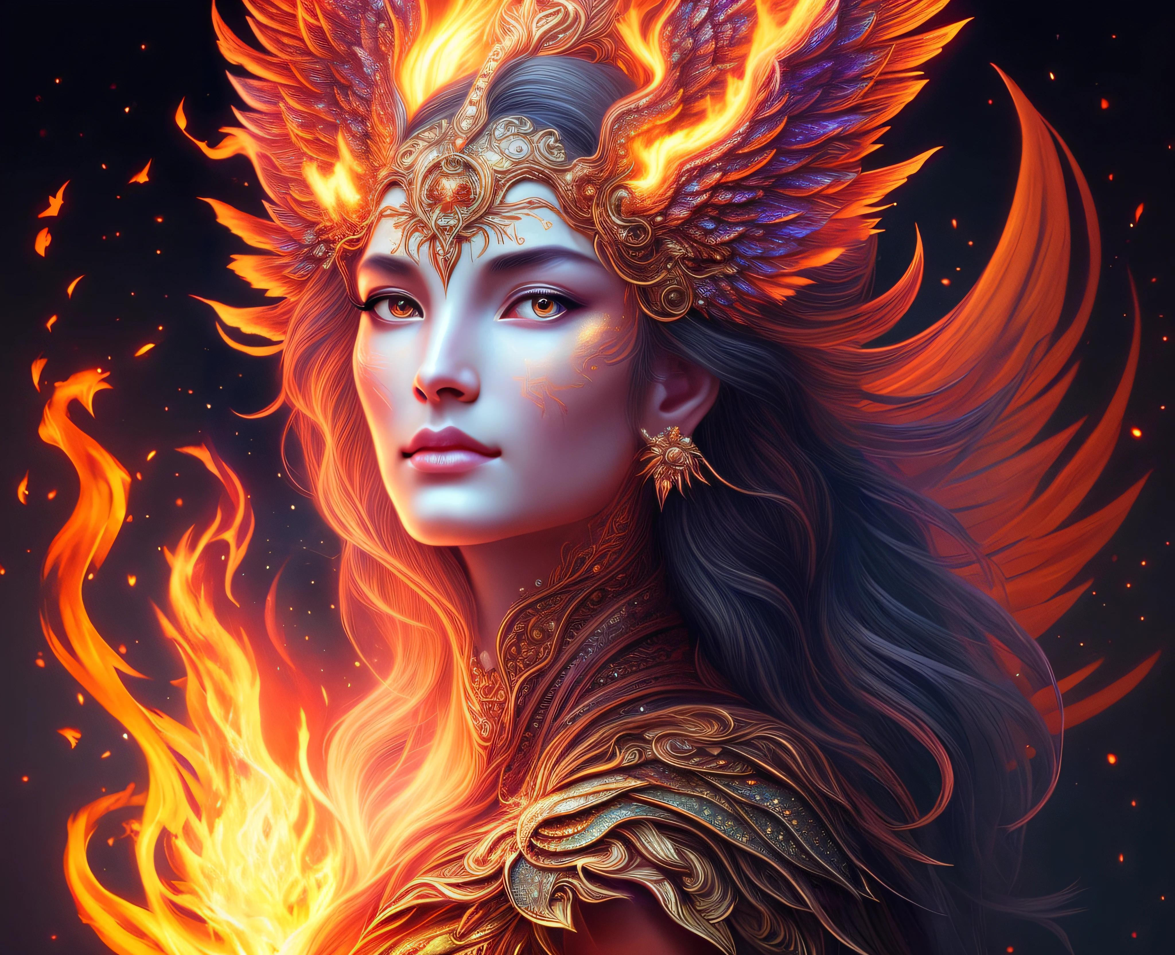 a woman with a fire headdress and wings on her head, goddess of fire, appears as the fire goddess, detailed fantasy digital art, fire goddess, fantasy art behance, beautiful fantasy art portrait, goddess. extremely high detail, the butterfly goddess of fire, digital fantasy art ), 4k fantasy art, detailed fantasy art, fantasy art portrait