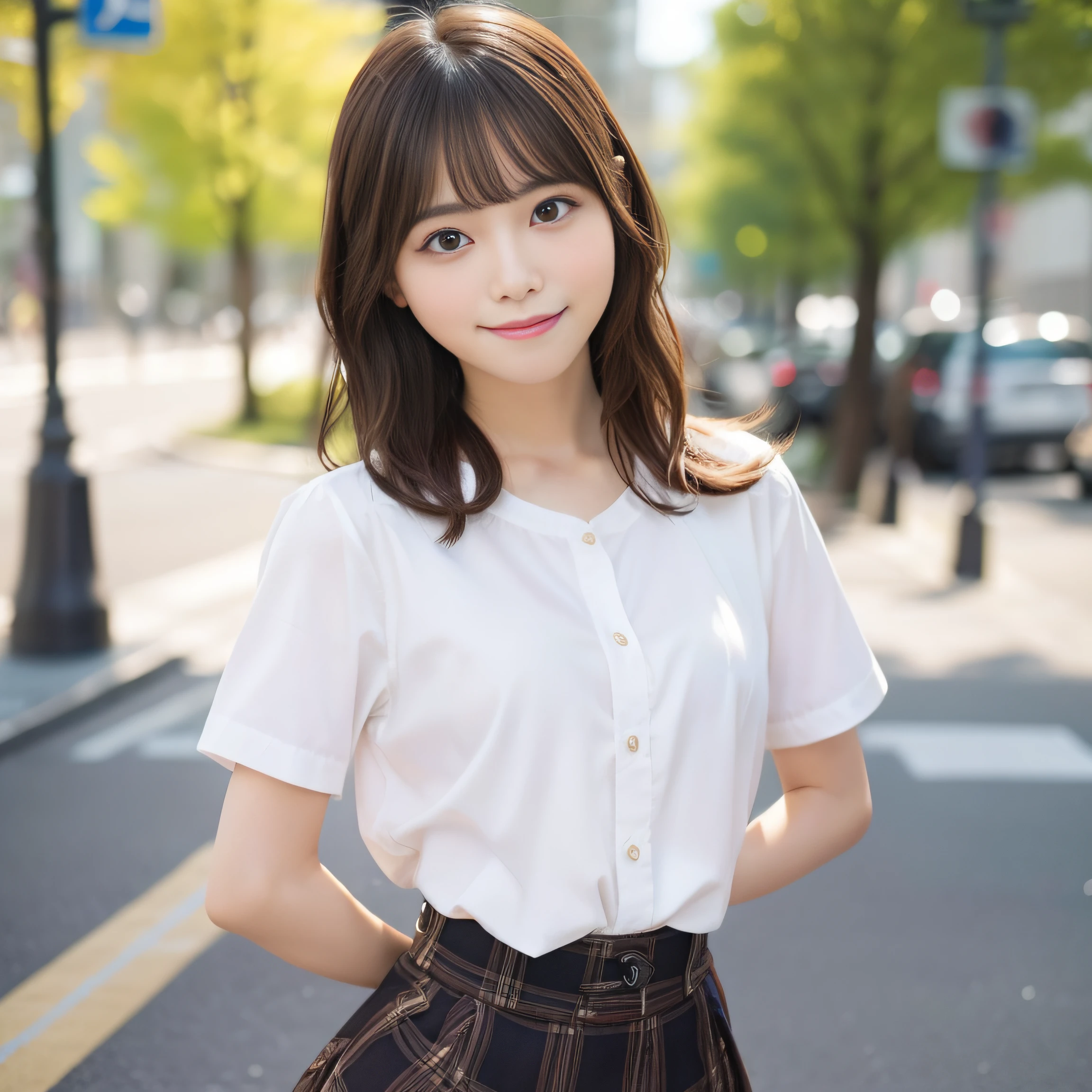 8K、Best Quality, 超A high resolution:1.2, (Photorealistic:1.4)、masterpiece:1.3、Raw photo、Gravure Pose:1.2、Put your hands on your hips、 (FULL BODYSHOT:1.7、side from:0.7)、middlebreast、realistic eyes and face details:1.3、dual、(the perfect body : 1.1)、(short wavy hair : 1.2)、crowdedstreets、Fashionable clothes、Cute clothes、Check skirt、thighs thighs thighs thighs、1日本人の女の子、 Cute、natural skin textures:1.2、 (Shy smile)、 Smooth skin:1.2, (Brown medium hair,Bangs)、nogizaka、Beautiful black eyes:1.3、The camera is from a little lower、 (Background is blurry:1.4)