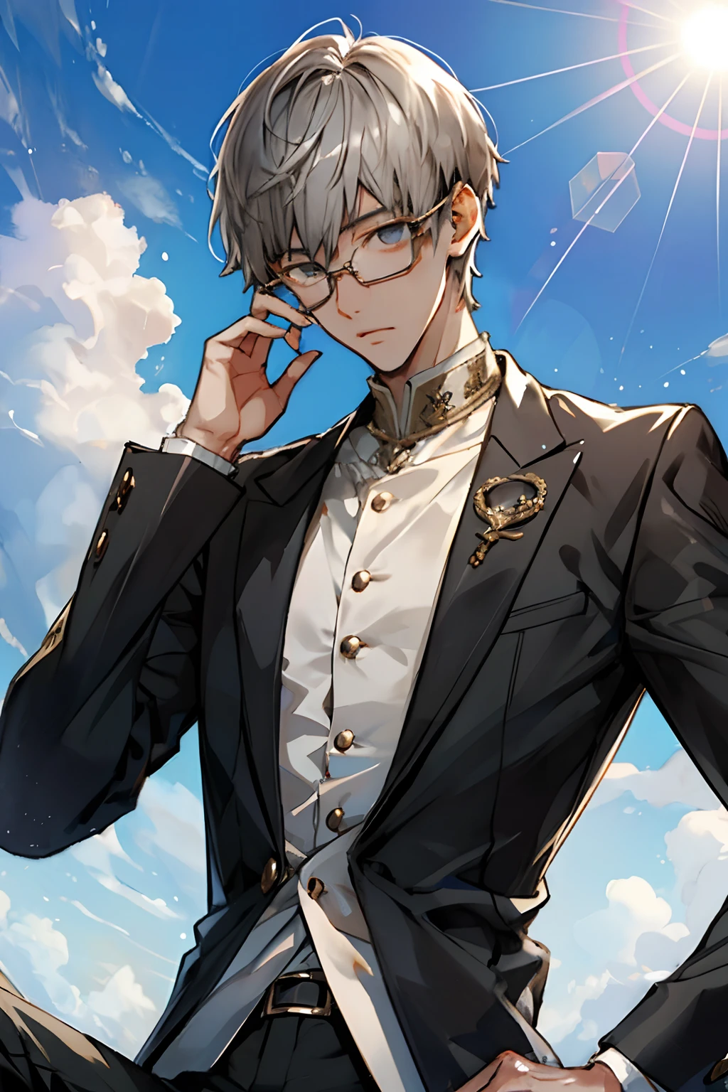 masterpiece、top-quality、tall male, 25 years old、Tsun-tsun Shorthair、silber hair、Color glasses、Stuffed collar、Angle from below,evening glow,Contre-Jour,stern face
