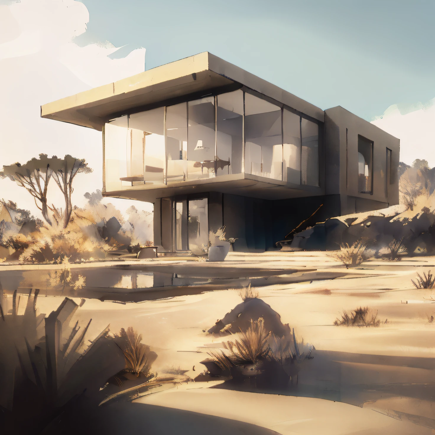 Casa Arafed no deserto com piscina e pedras, arquitetura realista, futurista no deserto, No estilo de arte de Filip Hodas, realistic cgi render, a photorealistic rendering, breathtaking render, inspirado em Filip Hodas, stunning render, lindo render 3d, high-quality render, high-quality render, Stunning 3D rendering