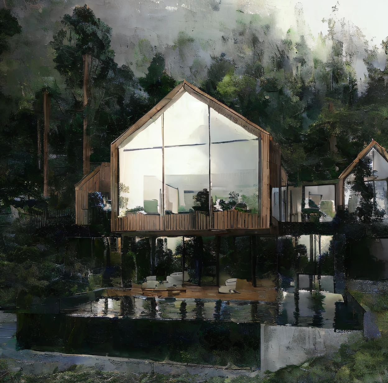 Casa Arafed com um lago e um deck de madeira no meio da floresta, construir em uma floresta perto de um lago, Casa minimalista na madeira, integrado nas montanhas, Casa moderna na madeira, Casa na floresta, casa bonita, beautiful rendering, grande arquitetura, Casa do Lago, Mistura com a arquitetura Rivendell, Casa na Madeira