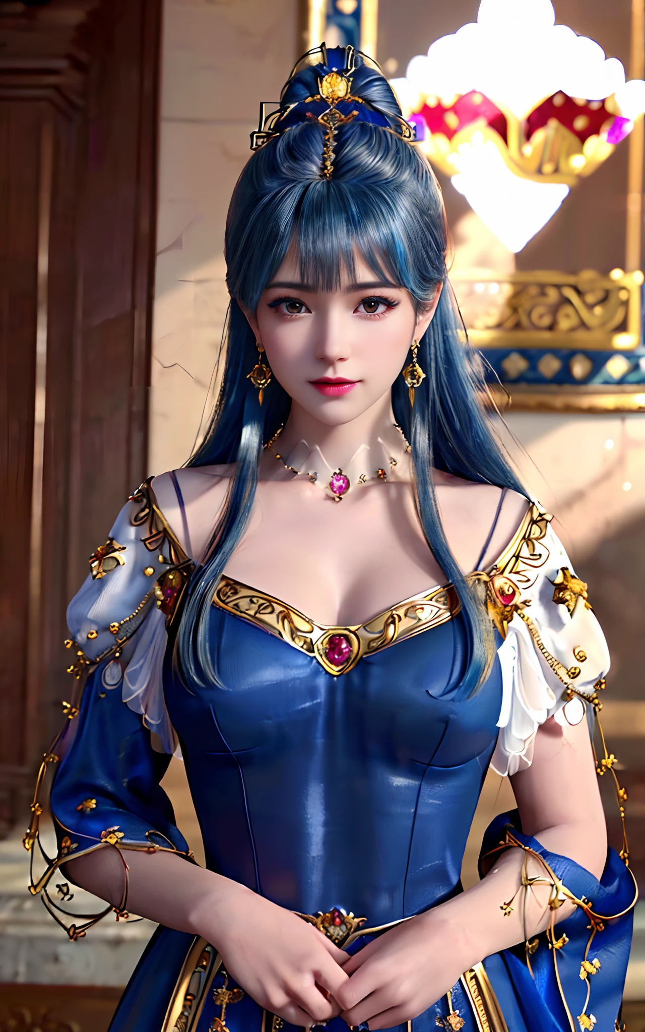 ((realisticity: 1.2)), ((best resolution: 8K UHD)), best quality,masterpiece,highres,cg,
((1 super detailed and super realistic girl)), ((very beautiful queen dazzling, super realistic, and super detailed)),((white skin, beautiful, smooth, youthful, super realistic and super detailed
)), long hair, ((super realistic and super detailed dress)), solo, ((super realistic, super beautiful, gorgeous and super detailed jewelry)), ((super beautiful, super realistic and super detailed dark red and golden yellow dress)),
((super beautiful, super realistic, super detailed diamond filled earrings)),
  ((super beautiful, super realistic and super detailed diamond filled hair ornament)), ((super beautiful upper body, super beautiful, super realistic and super detailed)), ((big breasts: 2.5)), 
((super grand, super realistic and super detailed royal palace backgroun))
((super beautiful, super beautiful, super realistic and super detailed hair bun)), ((super beautiful, super realistic and super detailed blue hair)),
candid, Photograph, high resolution, 8k,Bokeh,