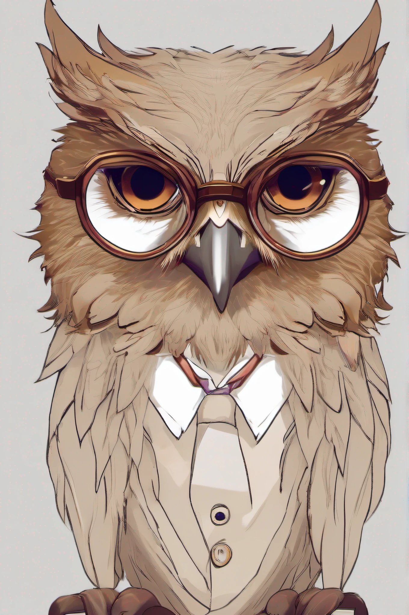 Create a brown feathered owl with an intellectual appearance, wearing square-framed glasses. Give her a serious, deep look, como se estivesse mergulhada em pensamentos profundos.