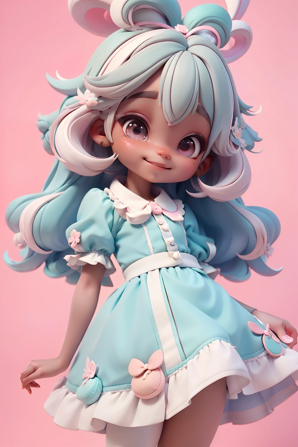 Loli cute Alice and rabbit, negra, menina meiga, olhos delicados, pastel tone, cabelo e roupa multicolorido, sorriso delicado, fundo simples e branco