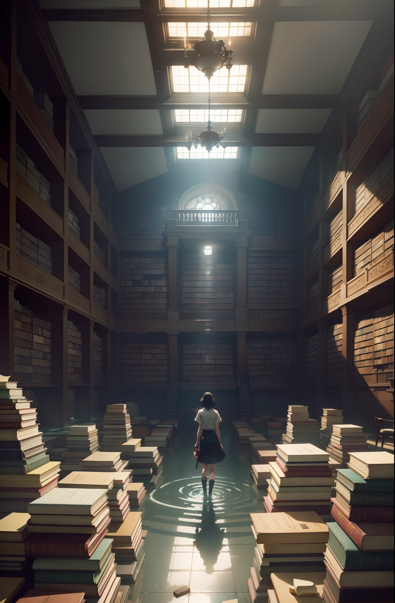 The floor is shallowly soaked in water,Ripples,There was a woman standing in a room full of books, dusty library, standing inside a magic library, in a ravaged library, in a gloomy library, ancient library, the librarian, Makoto Shinkai. rendering by octane, vast library, Filled with books, rendering by octane. By Makoto Shinkai, old library, endless books, an eternal library,The floor is submerged in shallow water,Books are piled up in a mess