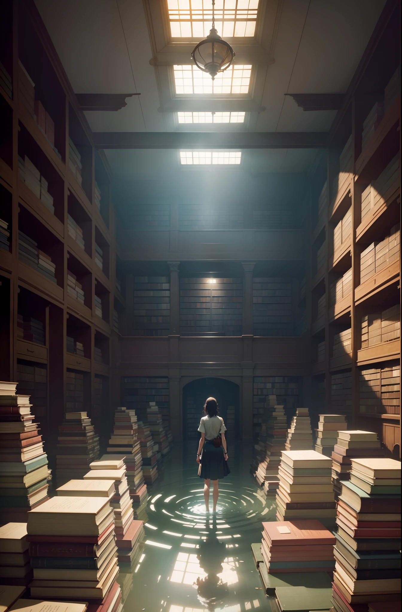 The floor is shallowly soaked in water,Ripples,There was a woman standing in a room full of books, dusty library, standing inside a magic library, in a ravaged library, in a gloomy library, ancient library, the librarian, Makoto Shinkai. rendering by octane, vast library, Filled with books, rendering by octane. By Makoto Shinkai, old library, endless books, an eternal library,The floor is submerged in shallow water,Books are piled up in a mess