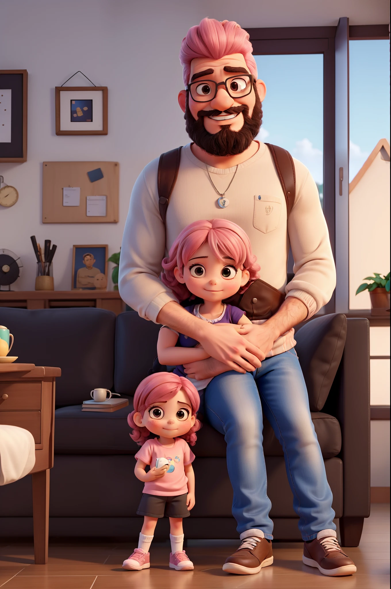 Marina hugs her father, who is sitting not sofa. He holds her in his arms and looks at her lovingly. Marina is a with pink hair and brown eyes. Ela tem um sorriso doce e uma personalidade amorosa. Marina's father is a tall, strong man, careca, com uma grande e bela barba bem cuidada. He wears prescription glasses and has a casual style. He is kind and considerate and loves spending time with his daughter. He has a tattoo on his neck, another on each forearm. No lado direito, ele tem um olho; no esquerdo, mini planetas. On a forearm, is written "Maria"; no outro, "Michelly" e "Marina".
