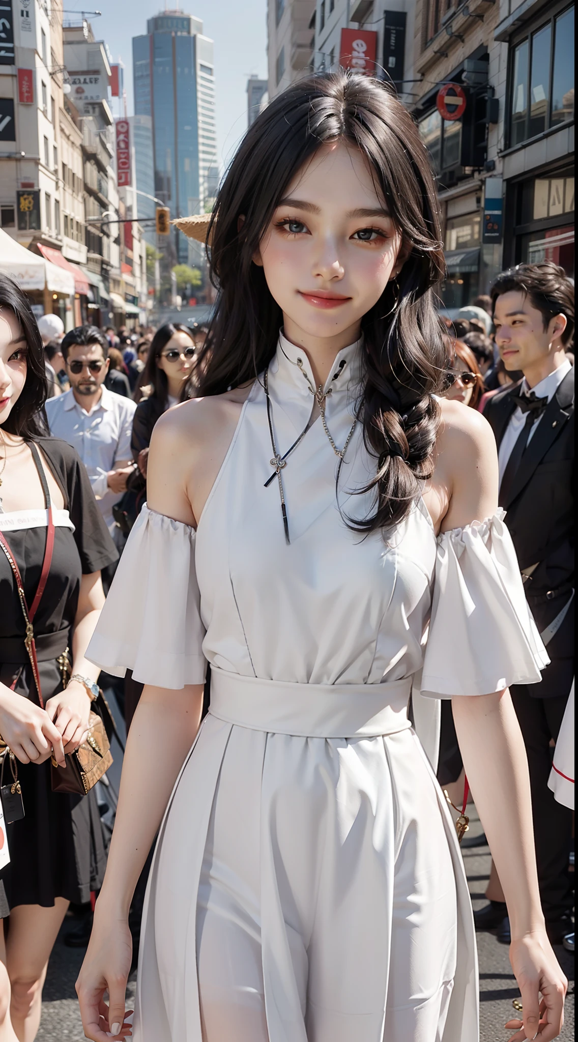 Beautiful Girl Long black hair, pale white skin, mannequin mannequin Wearing a white dress, looking happy, looking at the crowd, the city.