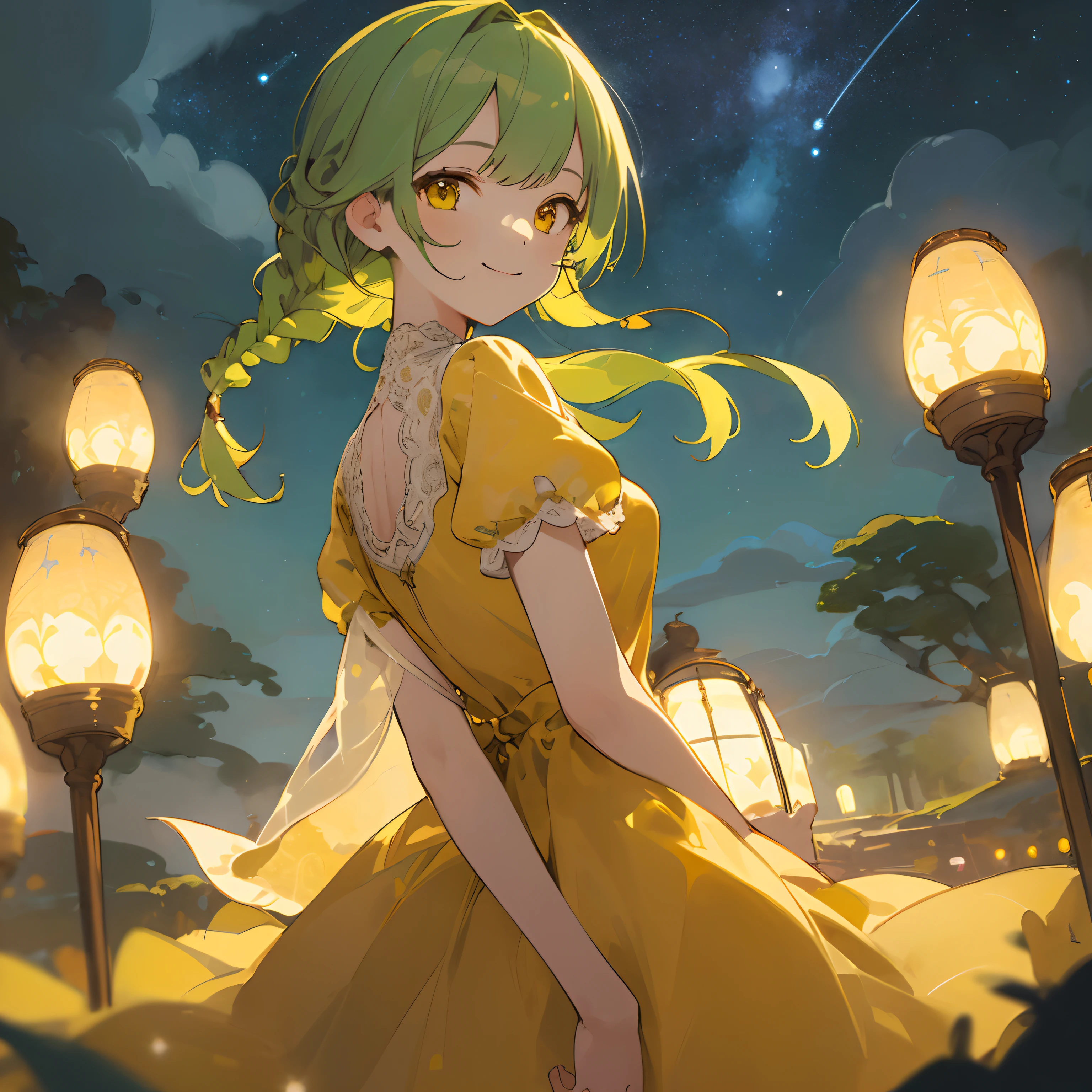 ((masterpiece,best quality,highest quality,illustration,intricate details)),1girl,smile, yellow dress, silky dress, green hair,braid, yellow eyes,
night,starry sky, depth of field, outdoors,