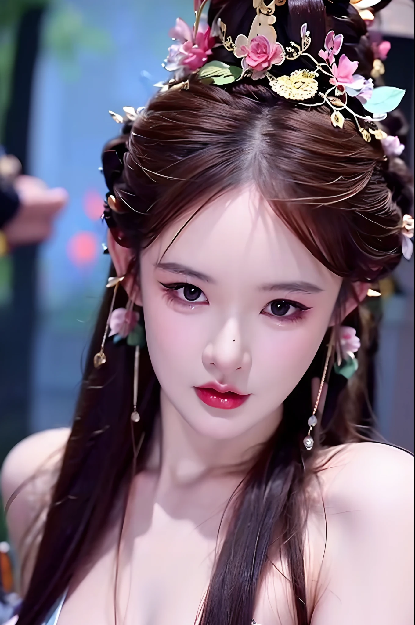 1 beautiful girl, long black hair, black eyes, Ancient Chinese style bun, wearing a thin silk shirt of ancient China, appears shoulders and head in the photo, plump red lips, pout, mouth shut, embarrassed, small face makeup detailed and very beautifull, breast augmentation, ((big blum boobs:1.2)), cover part of a girl's breasts with silk cloth, blush, from front, wear earrings, necklaces, from above, looking at viewer, upturned eyes, masterpiece, top quality, best quality, official art, unity 8k wallpaper, highres, ultra-high res, ultra-detailed, (photorealistic:1.2), alone, solo, Only 1 girl, style hanfu Dunhuang,