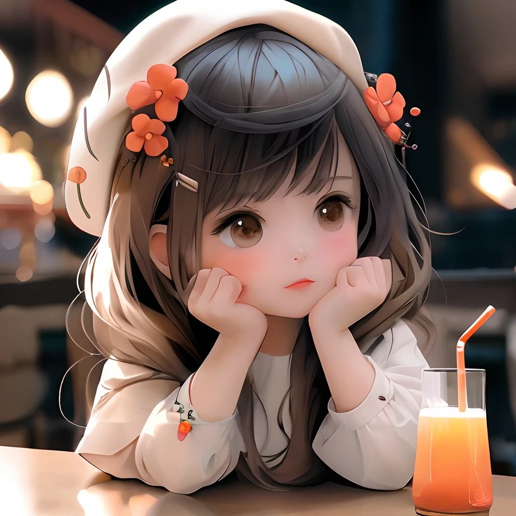 Anime girl sitting at table drinking with hat on, Cute anime girl, cute kawaii girls, Cute anime, cute anime face, adorable digital art, Cute anime girl portrait, portrait of cute anime girl, render of a cute 3d anime girl, Kawaii realistic portrait, extremely cute anime girl face, anime visual of a cute girl, Cute natural anime face