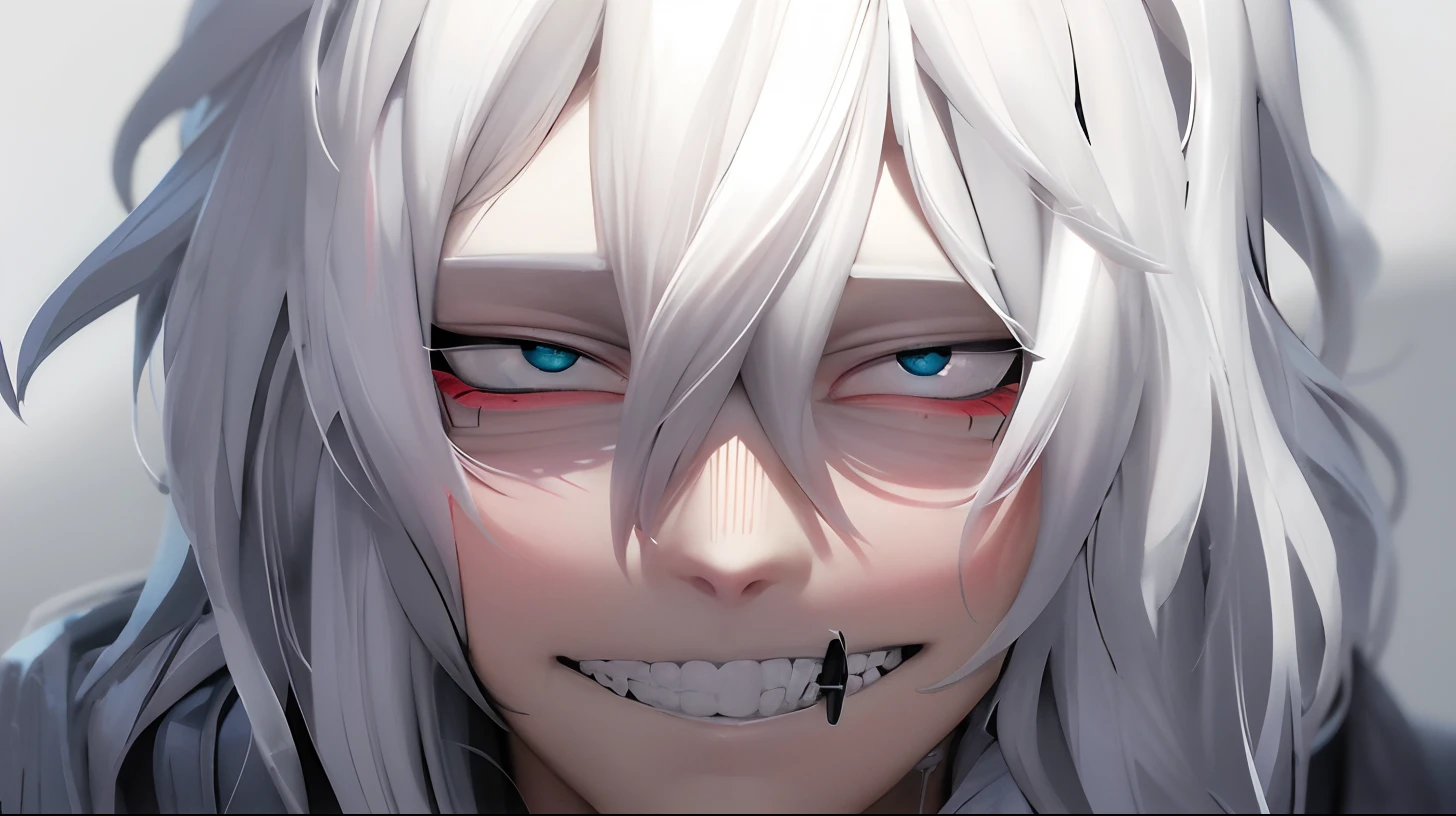 There is a drawing of a zombie with white hair and a white face, , um louco de cabelos prateados, Estilo anime 2D, Arte digital boku no hero, portrait demon half human, 2 d arte, Arte 2D, Digital 2D |, cabelo detalhado, Tomura Shigaraki, Shigaraki, Boku no Hero, Sombreamento realista, Personagem viril, masculino, cabelo realista, Anime estilo 2D, cabelo mais detalhado, dentes corretos, mais sombreamento