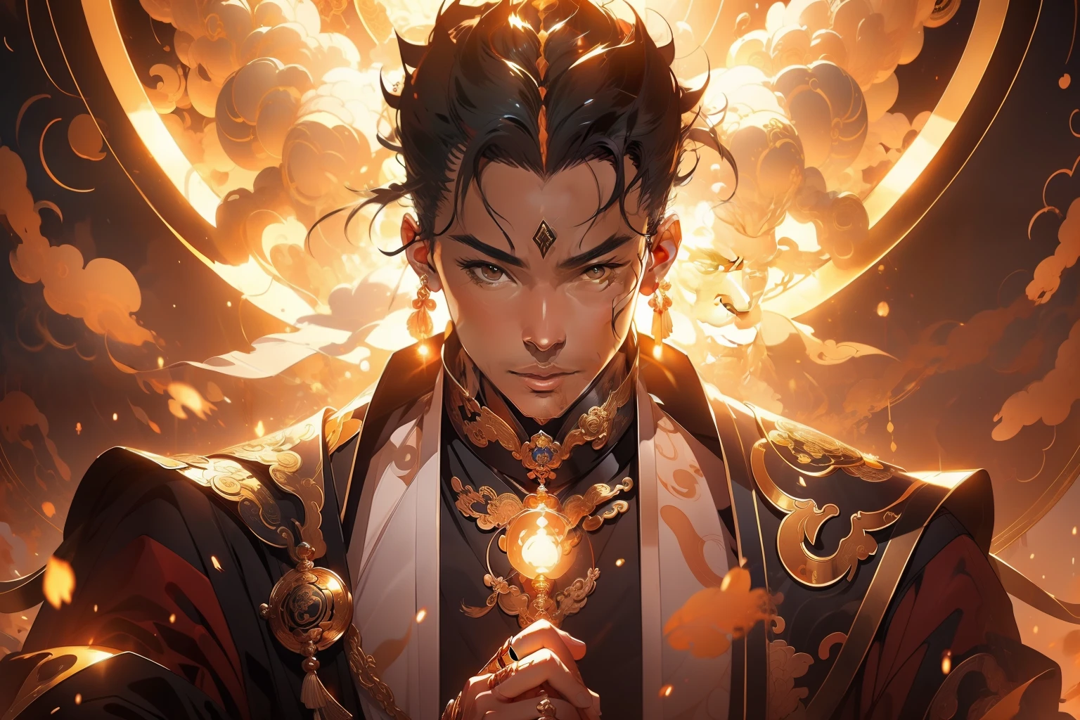tmasterpiece,illustration,A character stands in front of a golden Taoist priest