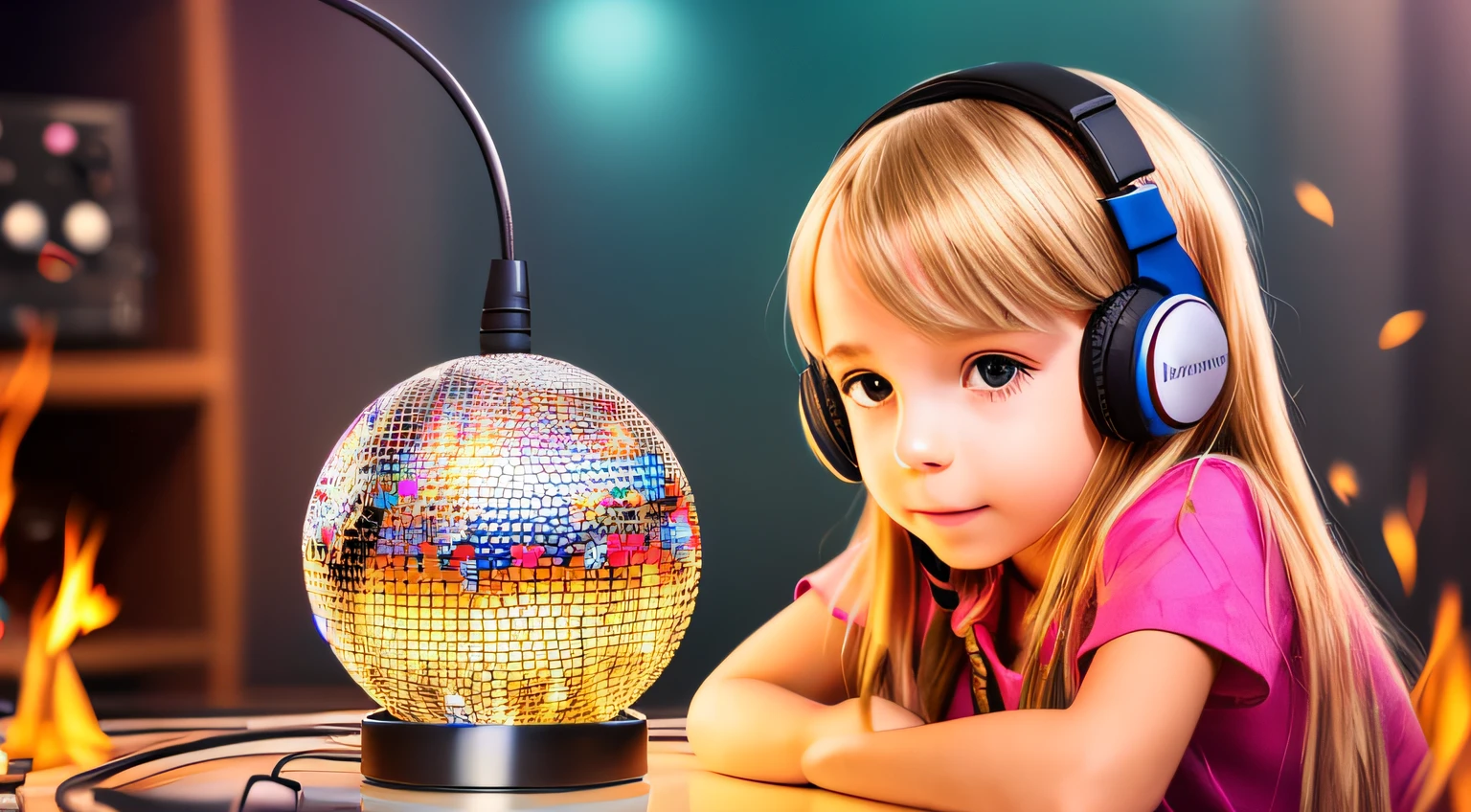 CHILD BLONDE LONG HAIR WEARING A HEADSET , fire, ice, cold, gelo, segurando uma disco ball