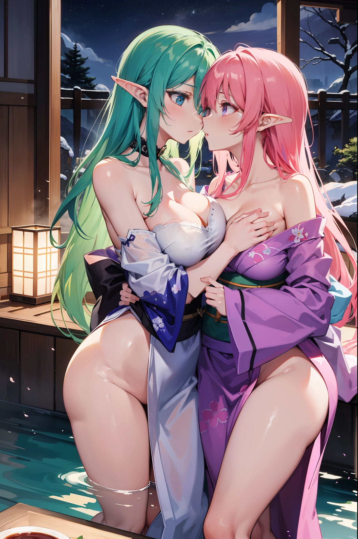 2 Kiss Ying , One has long green hair., Blue Eyes... , The other has long pink hair., purple eyes.., High Quality, couple , Girls love girls...................., Yuri,,A Beautiful Girl, lesbian, lover, luxury, dynasty ,castles.elf. night light. dim lighting. romantic. kiss. Expressions of love . at night. Cherry trees,.large boobs. body plump, Look at each other..... . Embarrassed ,drooling,,onsen,sake,Wearing a yukata